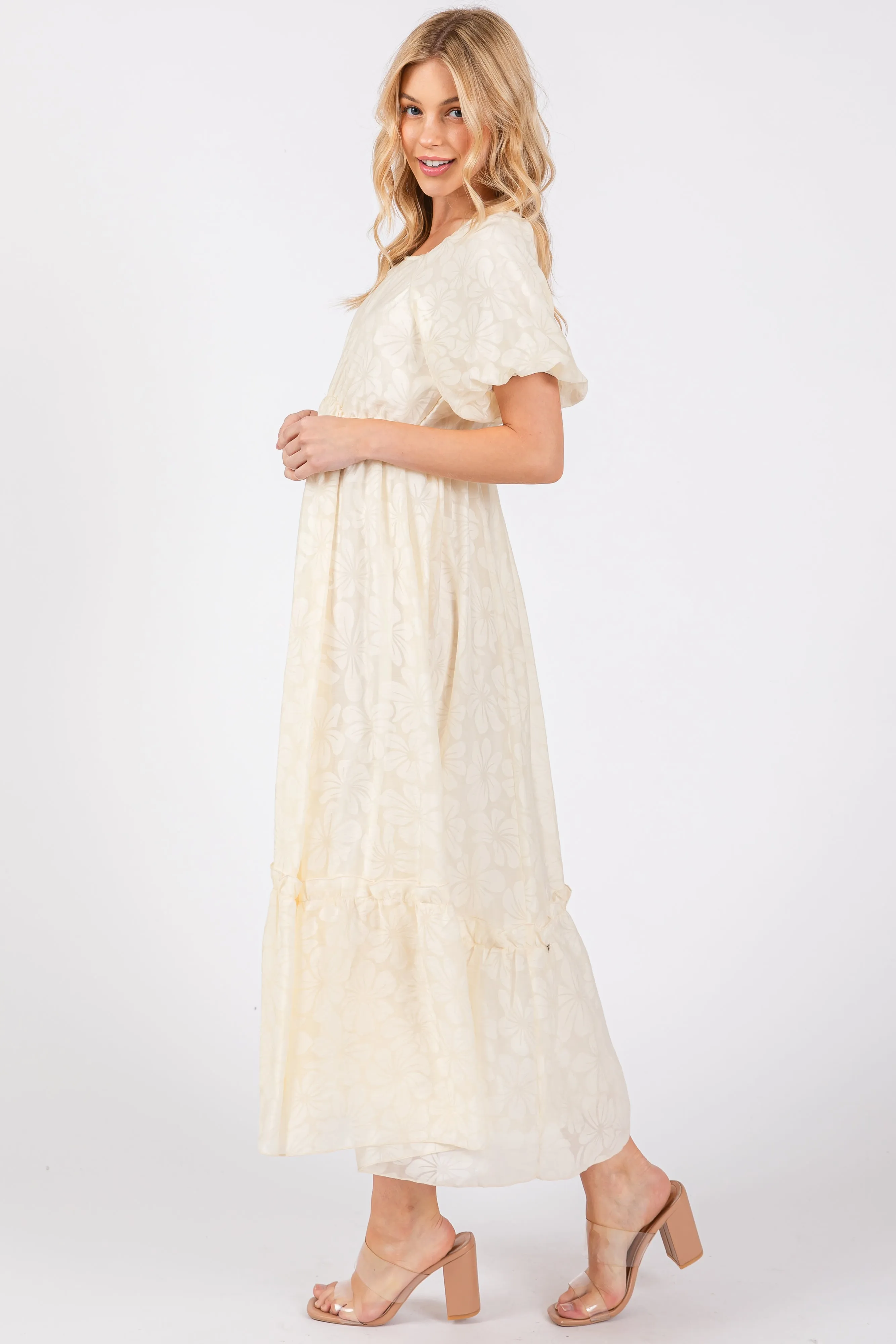 Cream Floral Square Neck Bubble Sleeve Maxi Dress sold by Pinkblush product image thumbnail 2