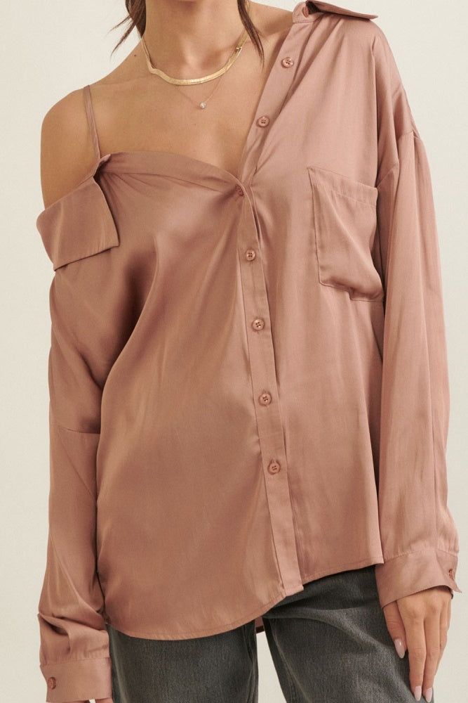 Blush One Shoulder Collar Neck Long Sleeve Satin Shirt sold by Pinkblush product image thumbnail 6