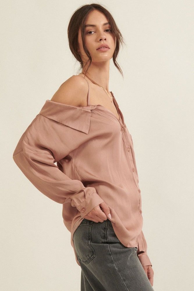 Blush One Shoulder Collar Neck Long Sleeve Satin Shirt sold by Pinkblush product image thumbnail 3
