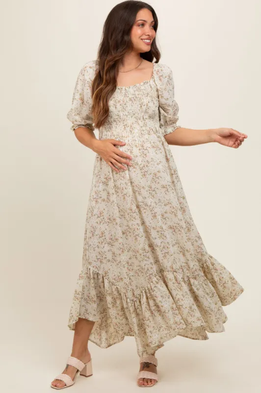 Light Olive Smocked Handkerchief Hem Maternity Dress sold by Pinkblush