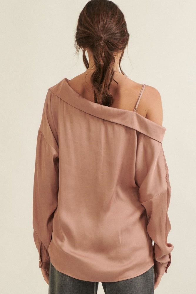 Blush One Shoulder Collar Neck Long Sleeve Satin Shirt sold by Pinkblush product image thumbnail 4