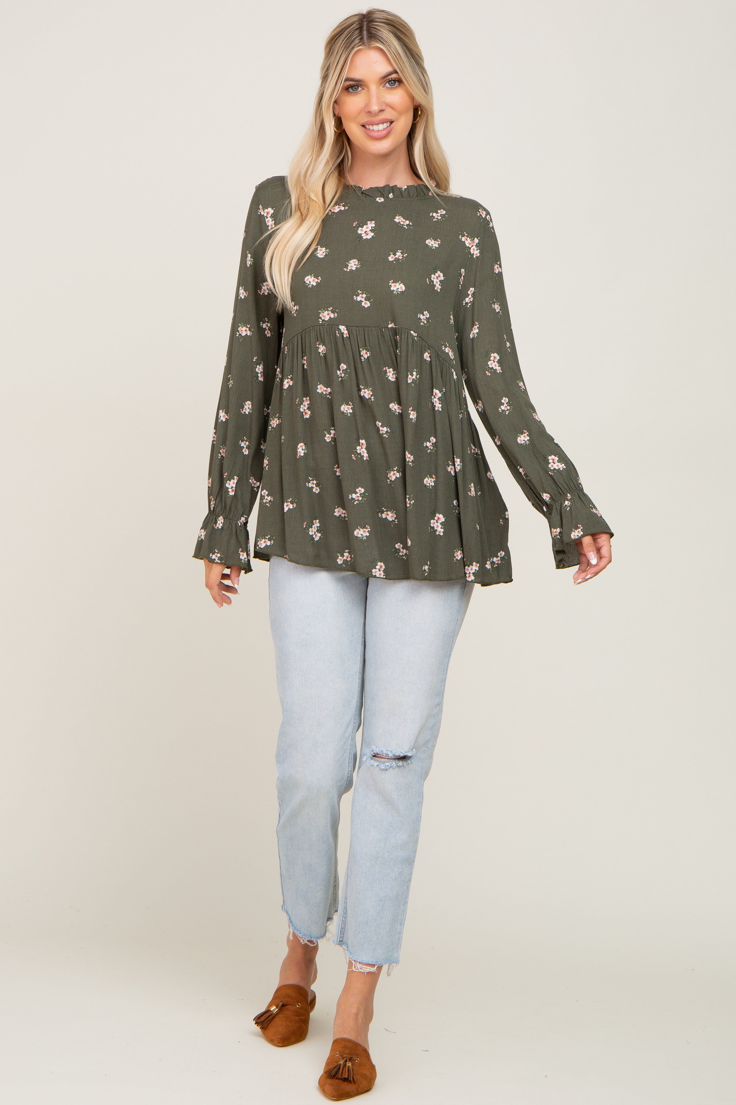 Olive Rust Floral Ruffle Accent Babydoll Top sold by Pinkblush product image thumbnail 4