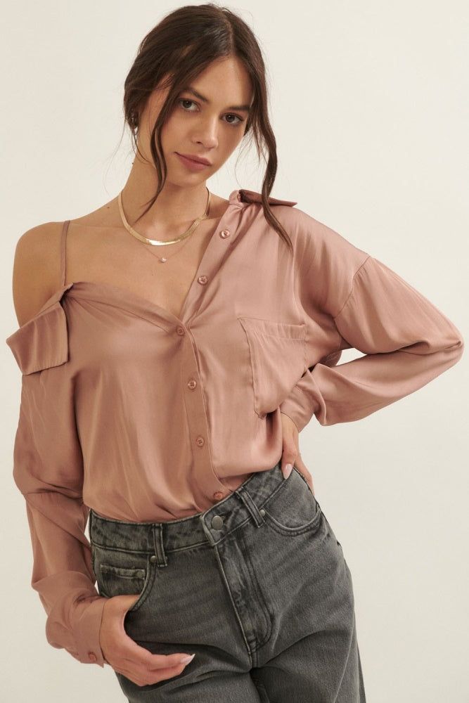 Blush One Shoulder Collar Neck Long Sleeve Satin Shirt sold by Pinkblush