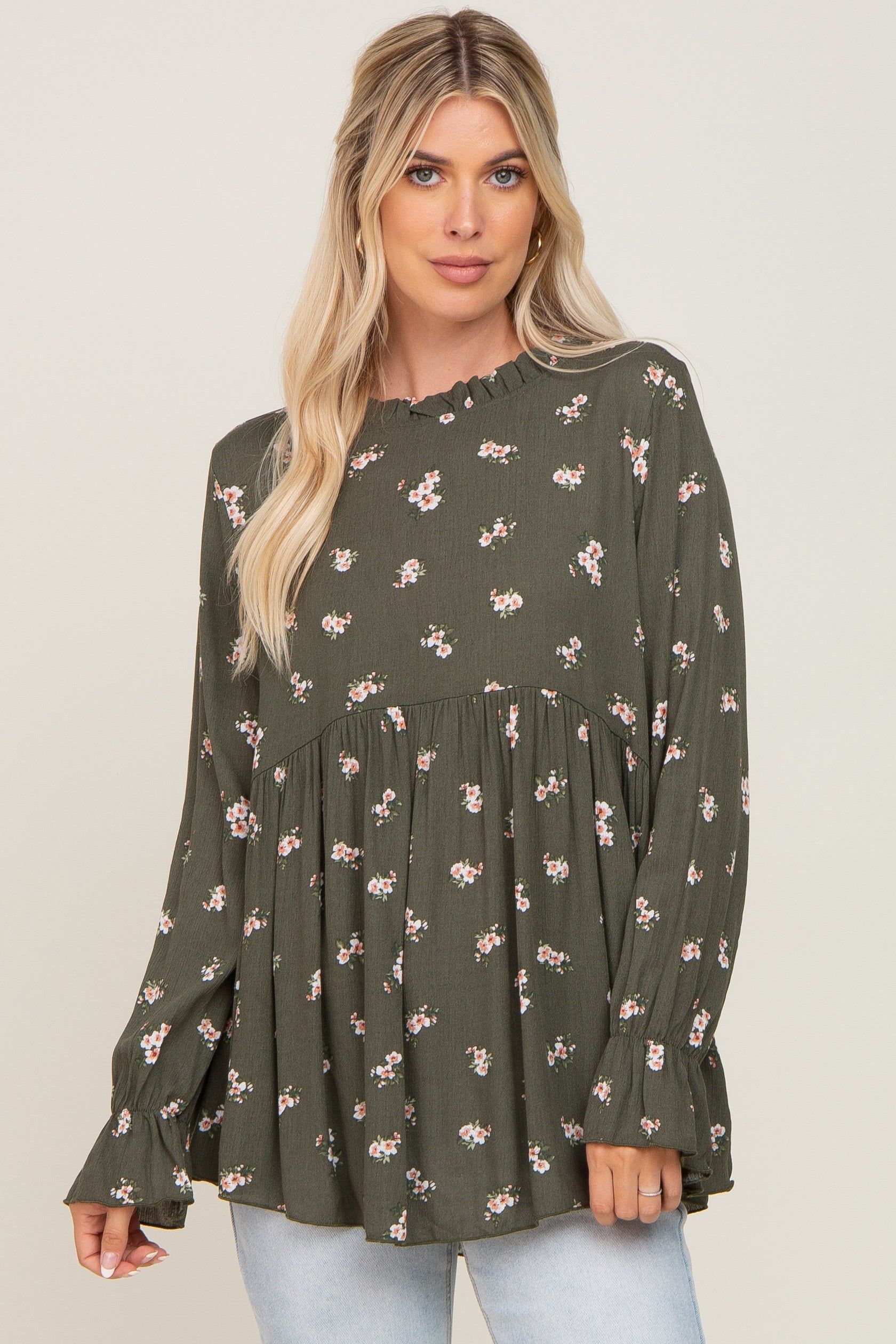 Olive Rust Floral Ruffle Accent Babydoll Top sold by Pinkblush