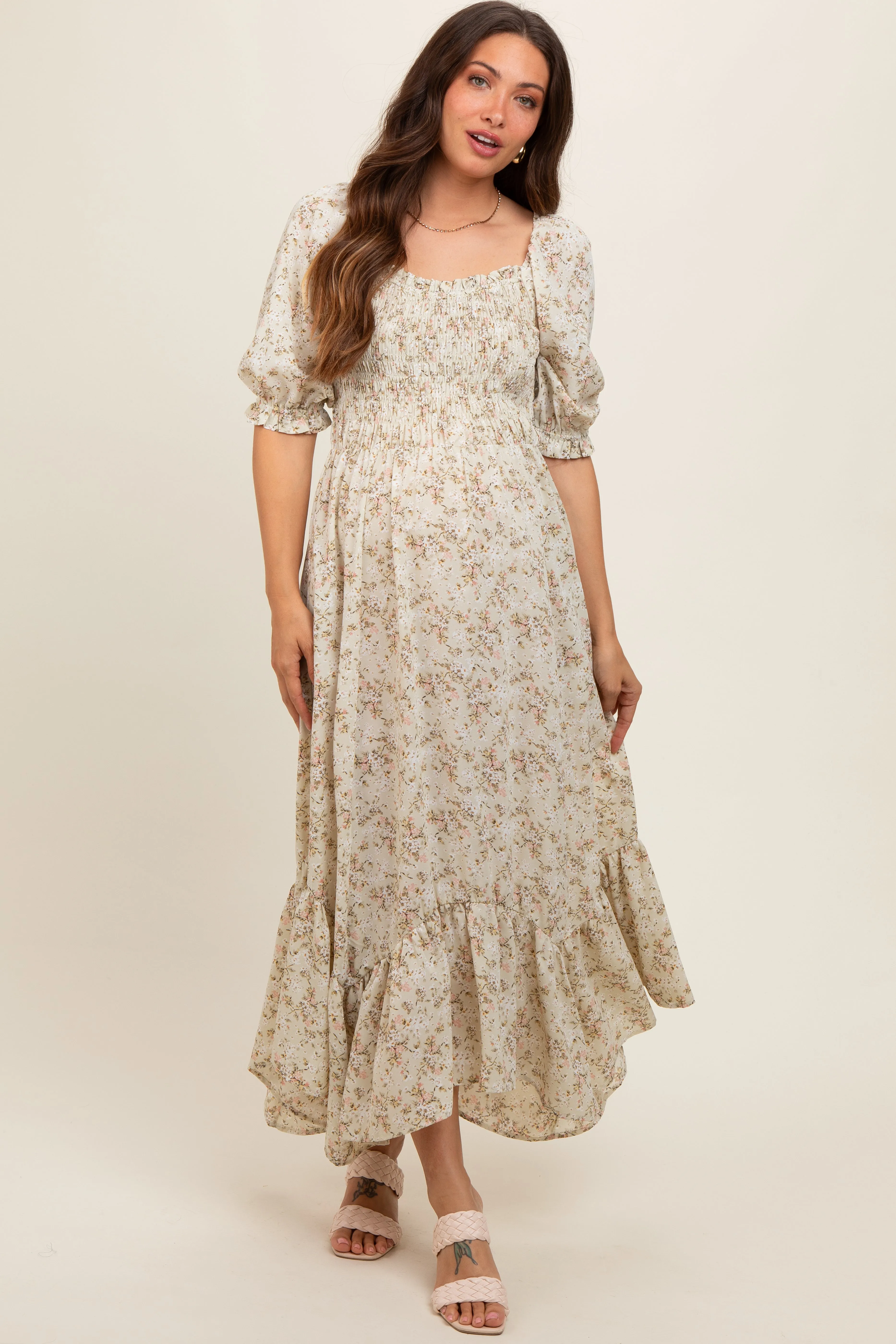 Light Olive Smocked Handkerchief Hem Maternity Dress sold by Pinkblush product image thumbnail 2