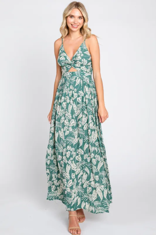 Green Palm Print Front Twist Maxi Dress sold by Pinkblush