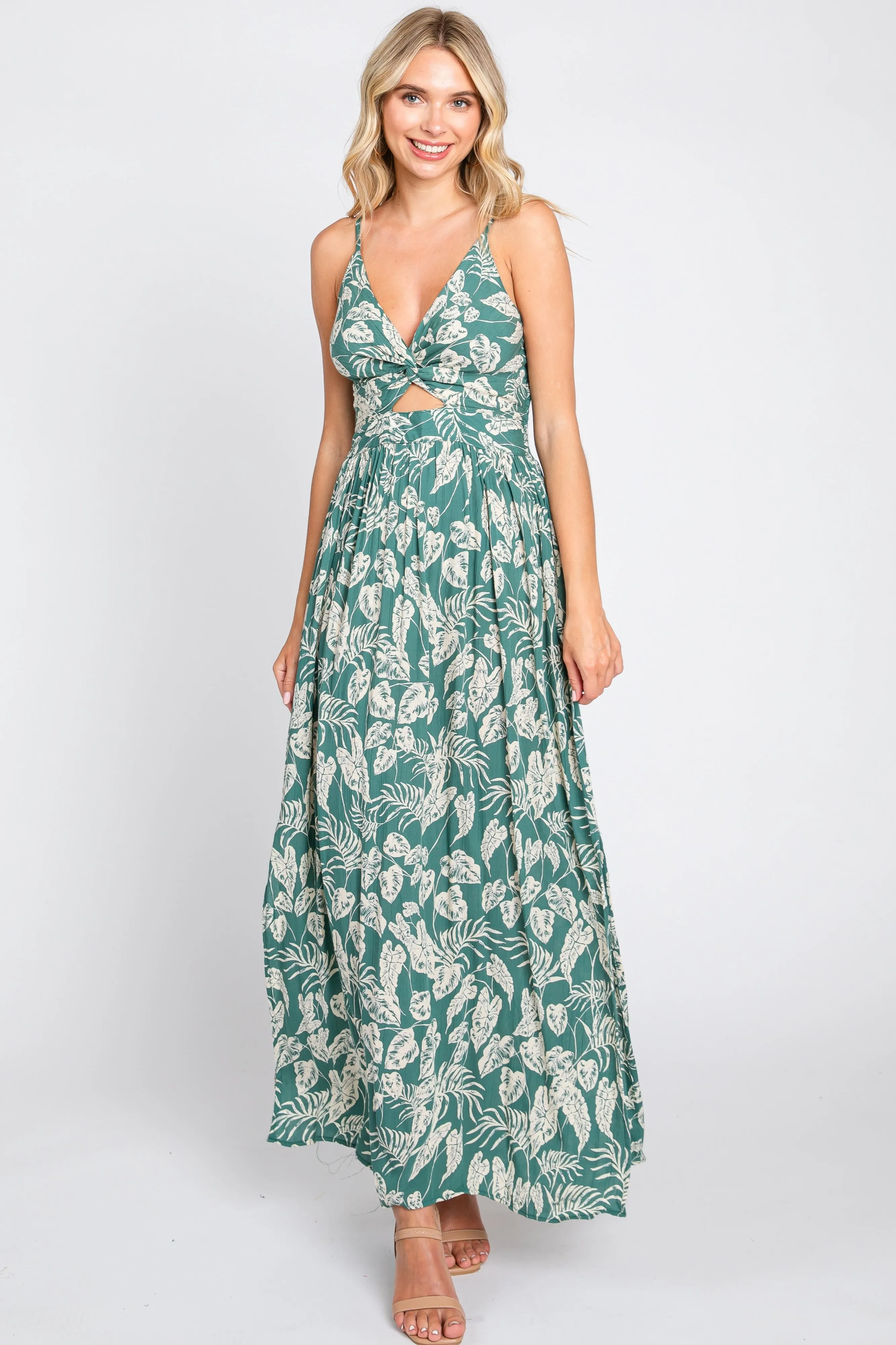 Green Palm Print Front Twist Maxi Dress sold by Pinkblush