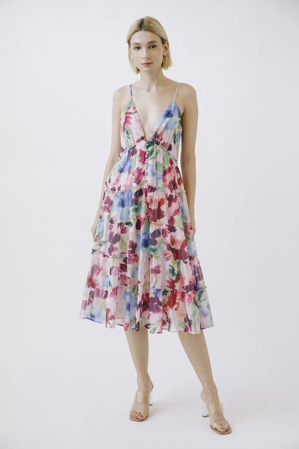 Pink Watercolor Deep V-Neck Tiered Midi Dress sold by Pinkblush
