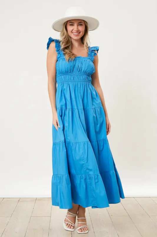 Blue Pleated Poplin Tiered Maxi Dress sold by Pinkblush