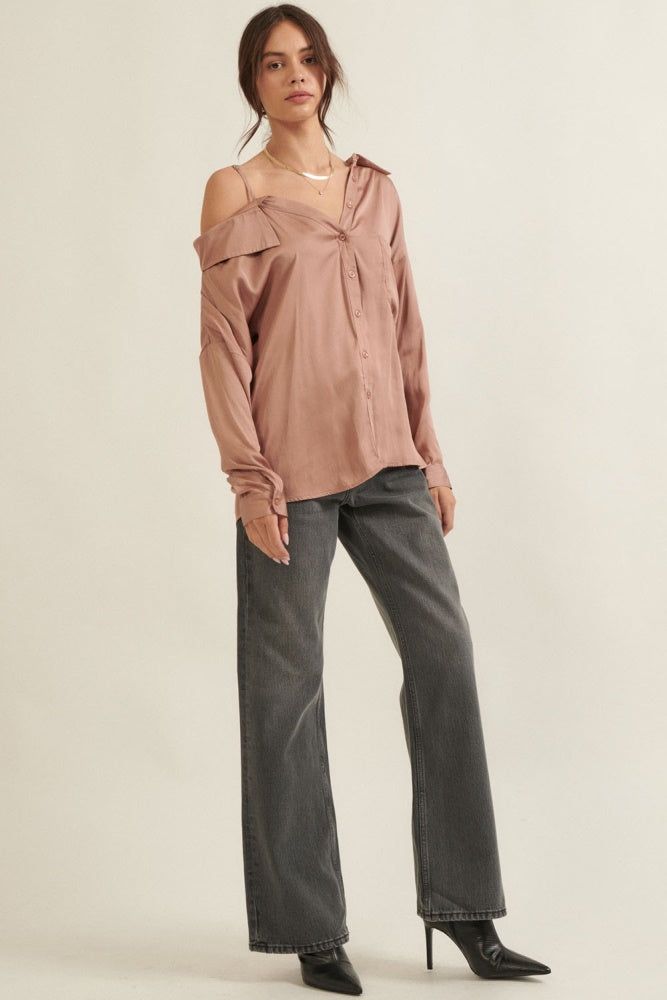 Blush One Shoulder Collar Neck Long Sleeve Satin Shirt sold by Pinkblush product image thumbnail 5