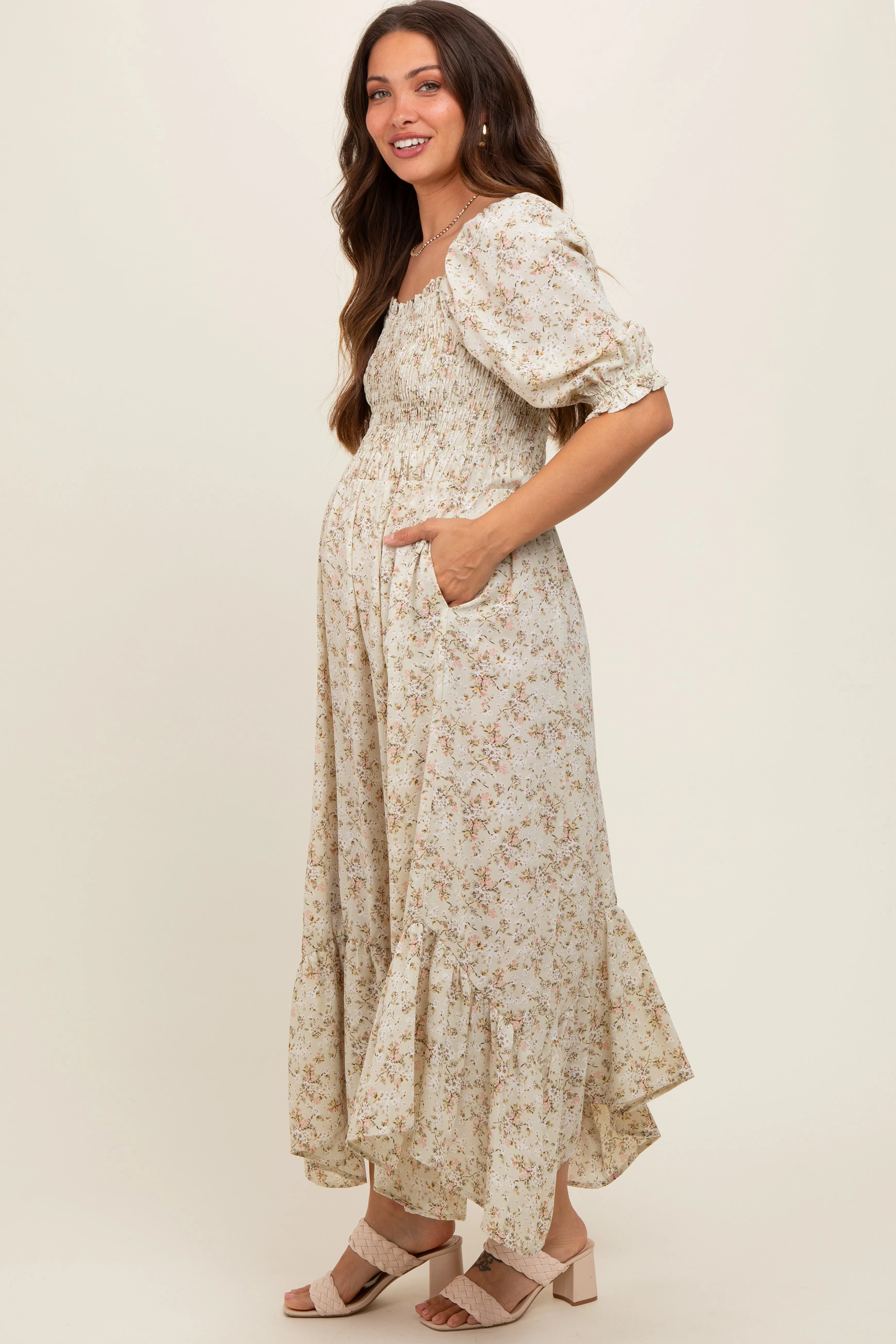 Light Olive Smocked Handkerchief Hem Maternity Dress sold by Pinkblush product image thumbnail 3