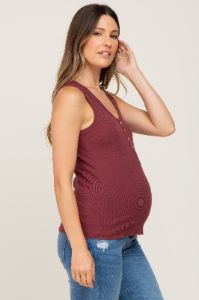 Burgundy Ribbed Button Front Maternity Tank Top sold by Pinkblush