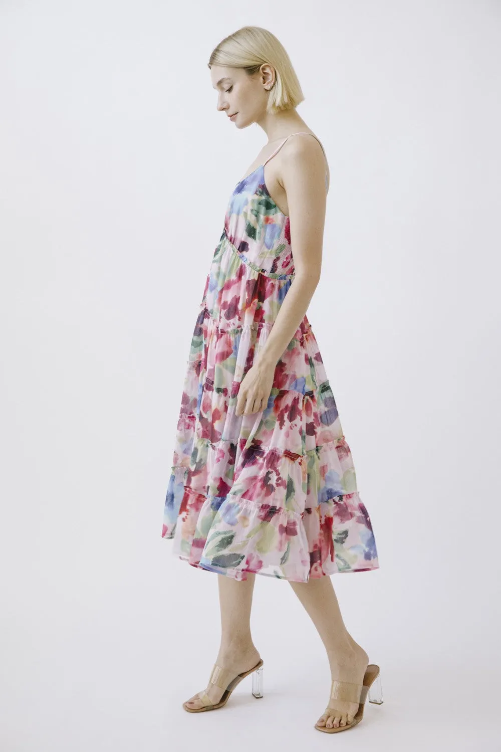 Pink Watercolor Deep V-Neck Tiered Midi Dress sold by Pinkblush product image thumbnail 2