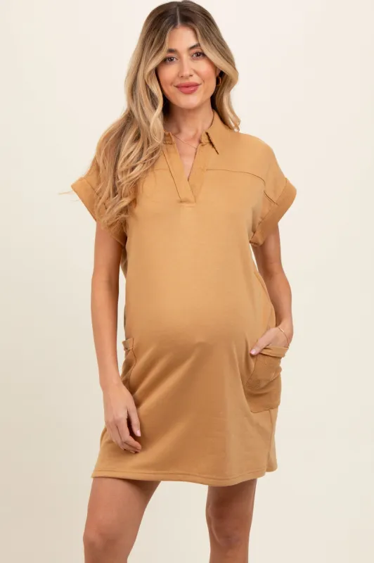 Mustard Terry Cuff Sleeve Pocketed Collared Maternity Dress sold by Pinkblush