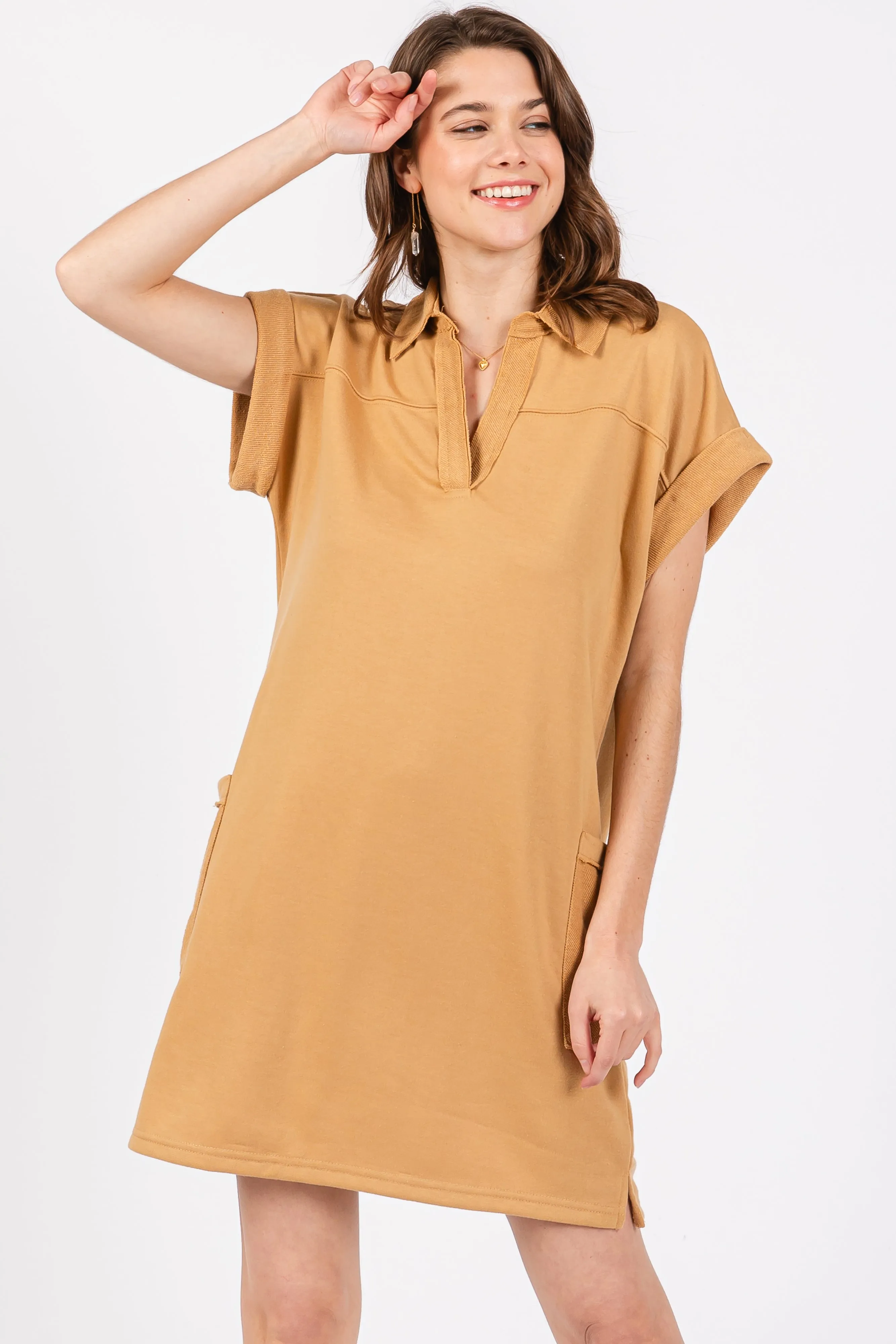 Mustard Terry Cuff Sleeve Pocketed Collared Maternity Dress sold by Pinkblush product image thumbnail 5