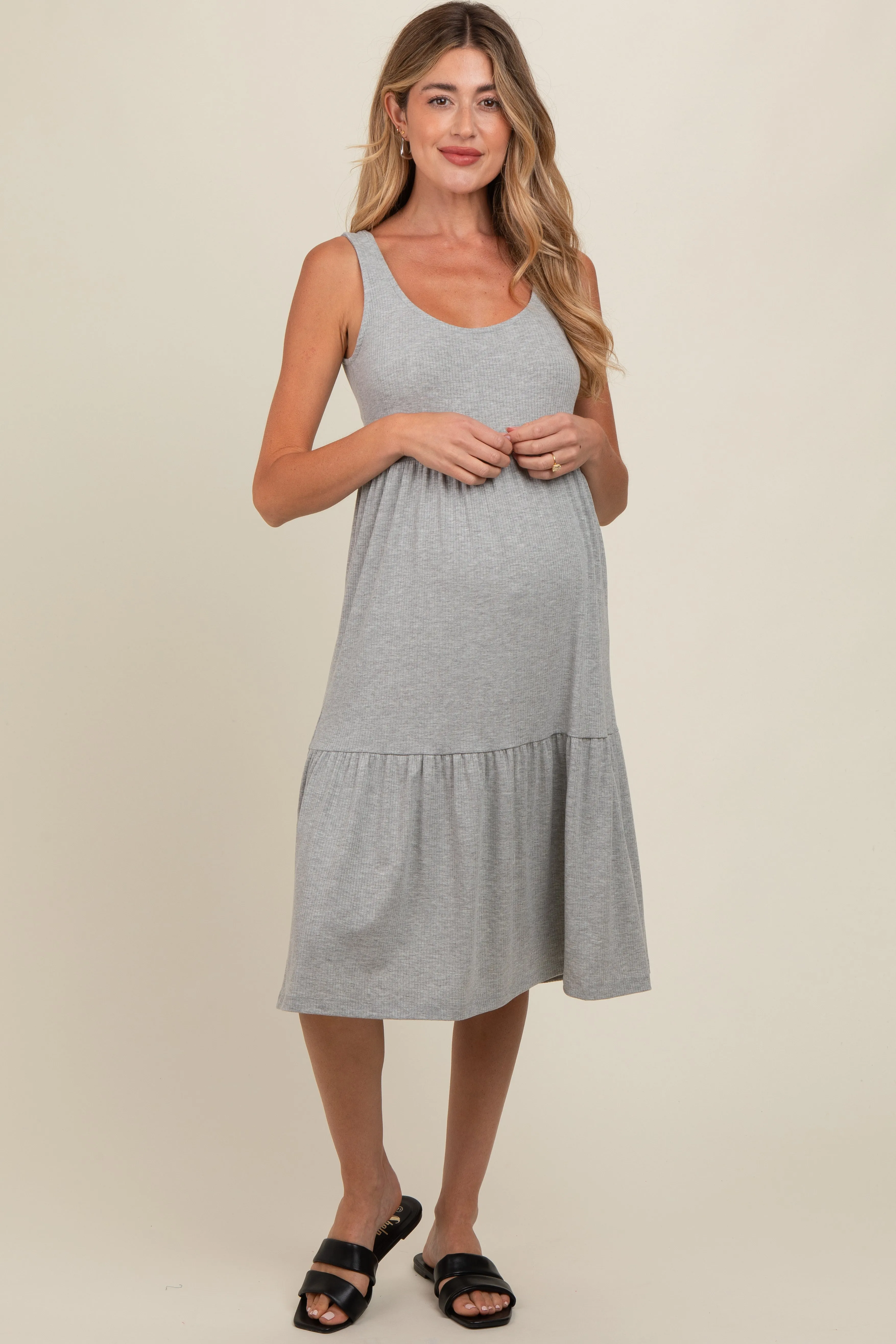 Heather Grey Tiered Sleeveless Maternity Midi Dress sold by Pinkblush