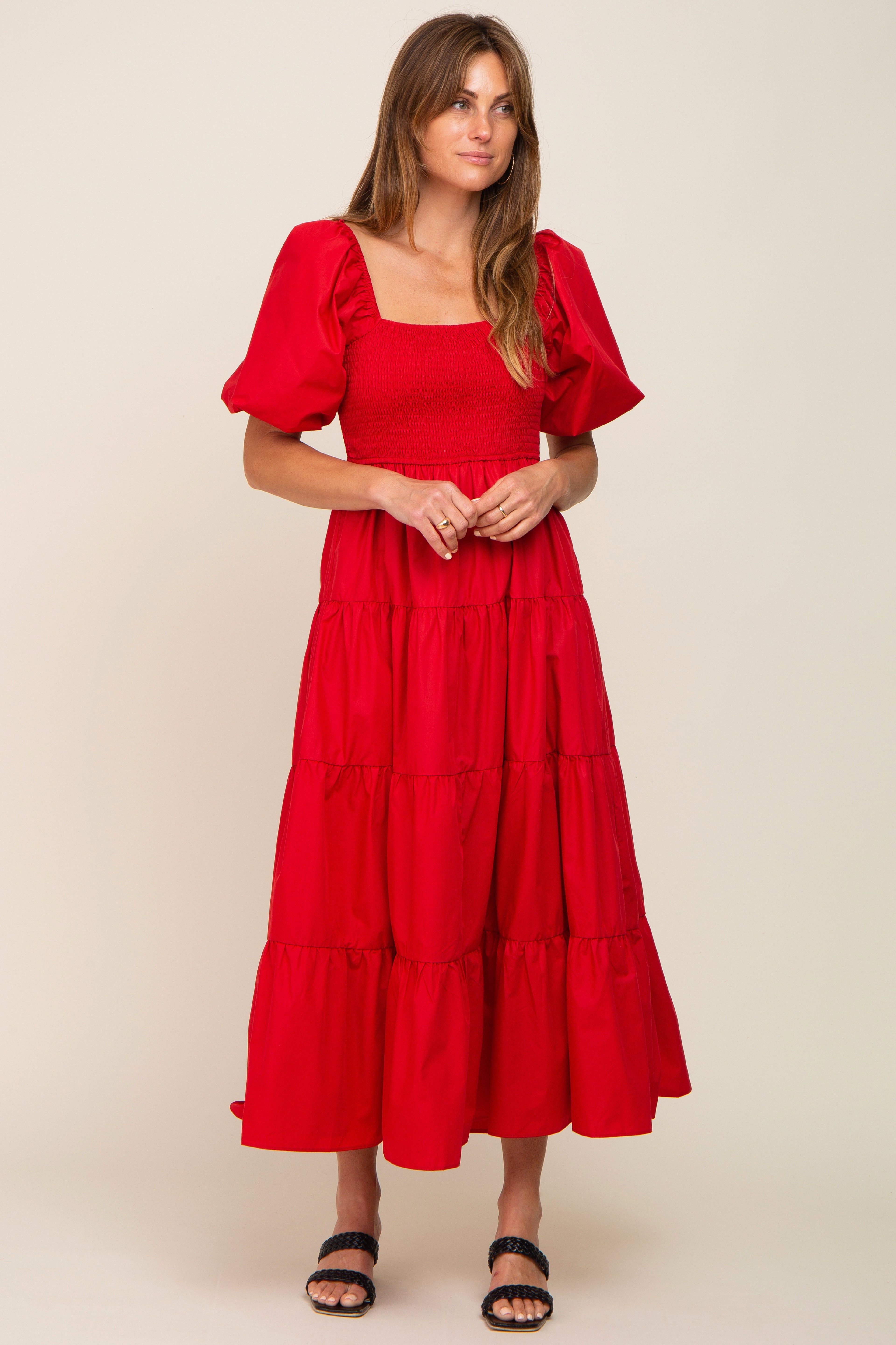 Red Square Neck Smocked Puff Short Sleeve Tiered Midi Dress sold by Pinkblush product image thumbnail 4