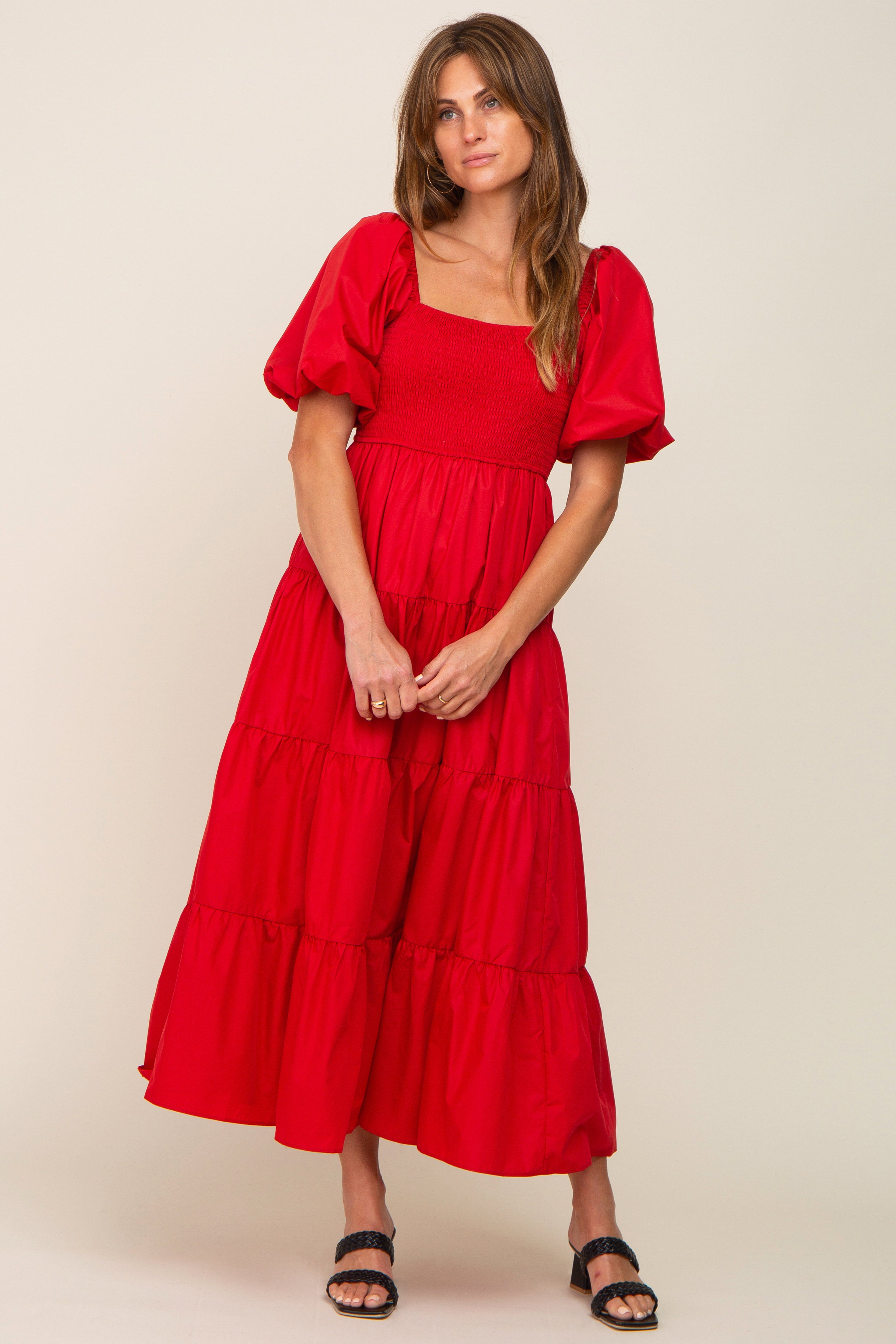 Red Square Neck Smocked Puff Short Sleeve Tiered Midi Dress sold by Pinkblush