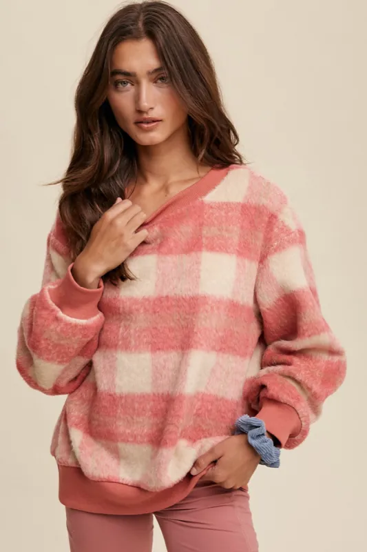 Coral Plaid Fuzzy Knit Pullover Sweater sold by Pinkblush