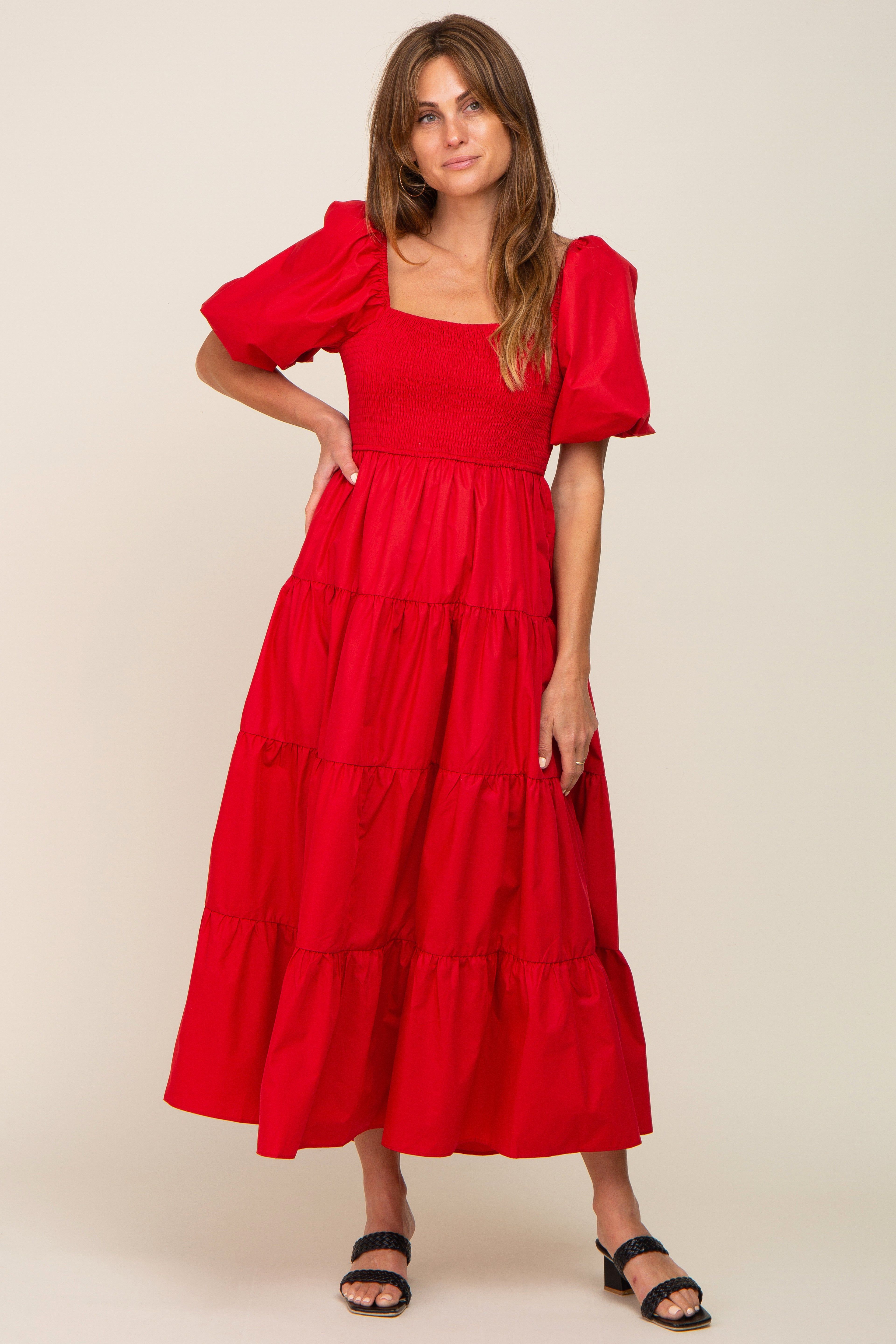 Red Square Neck Smocked Puff Short Sleeve Tiered Midi Dress sold by Pinkblush product image thumbnail 5