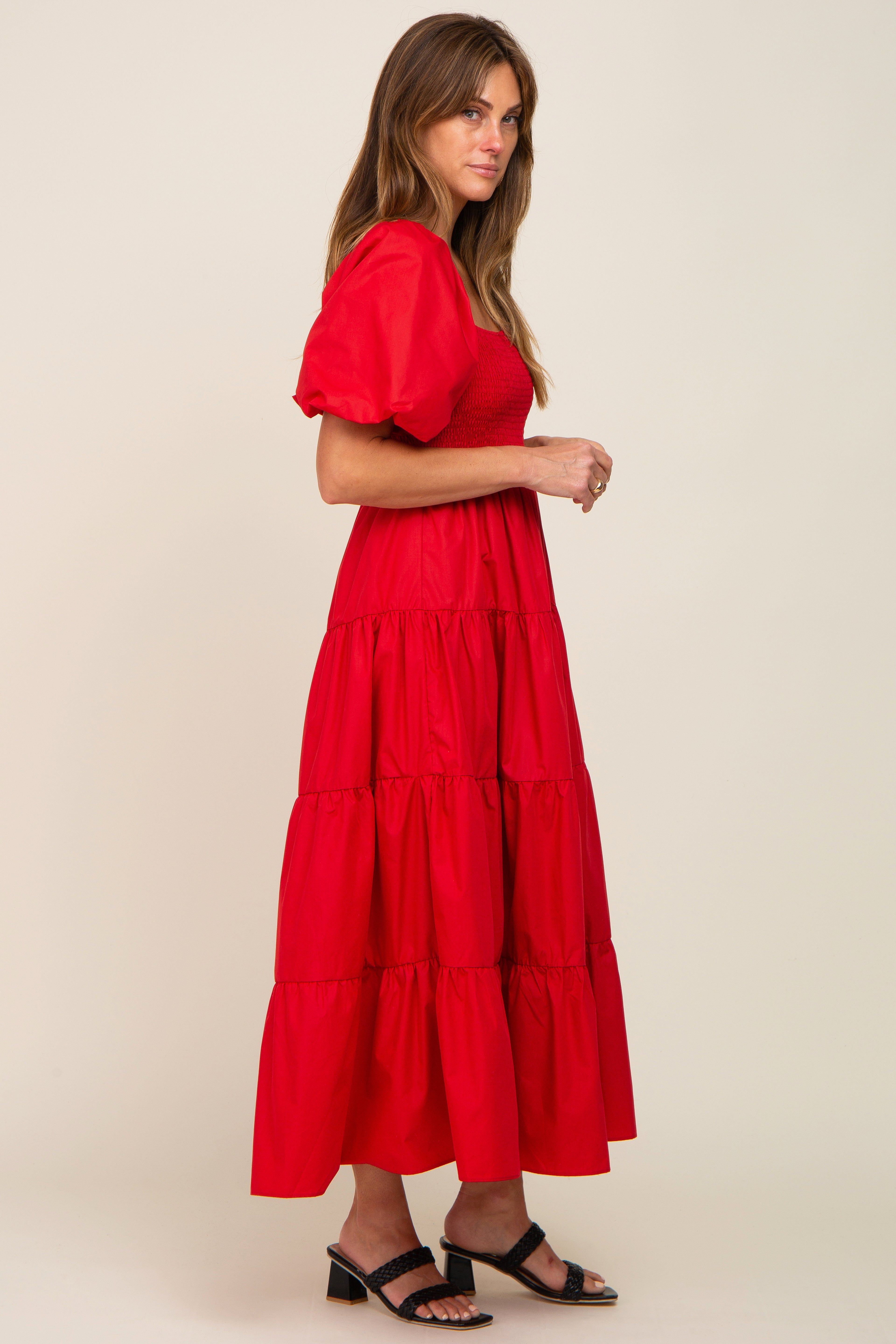 Red Square Neck Smocked Puff Short Sleeve Tiered Midi Dress sold by Pinkblush product image thumbnail 2
