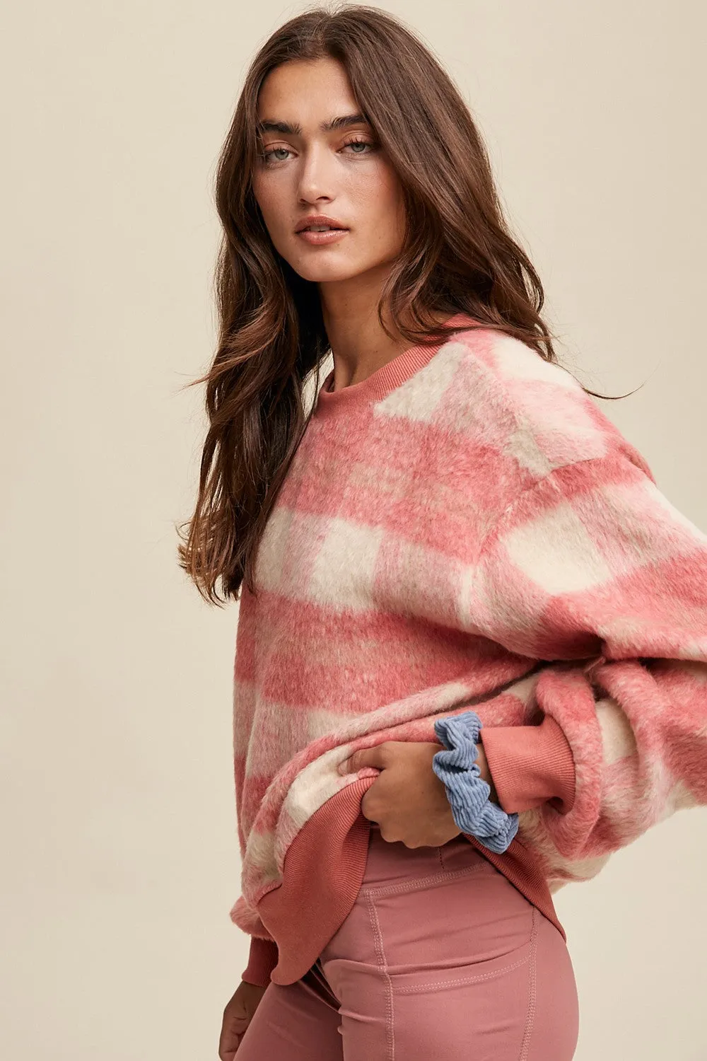 Coral Plaid Fuzzy Knit Pullover Sweater sold by Pinkblush product image thumbnail 2