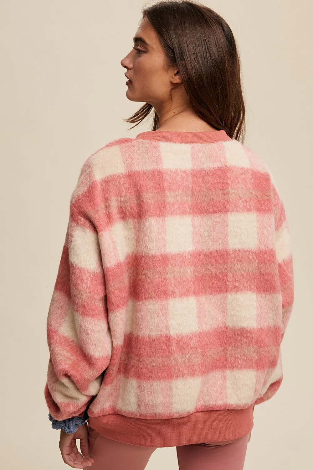 Coral Plaid Fuzzy Knit Pullover Sweater sold by Pinkblush product image thumbnail 3