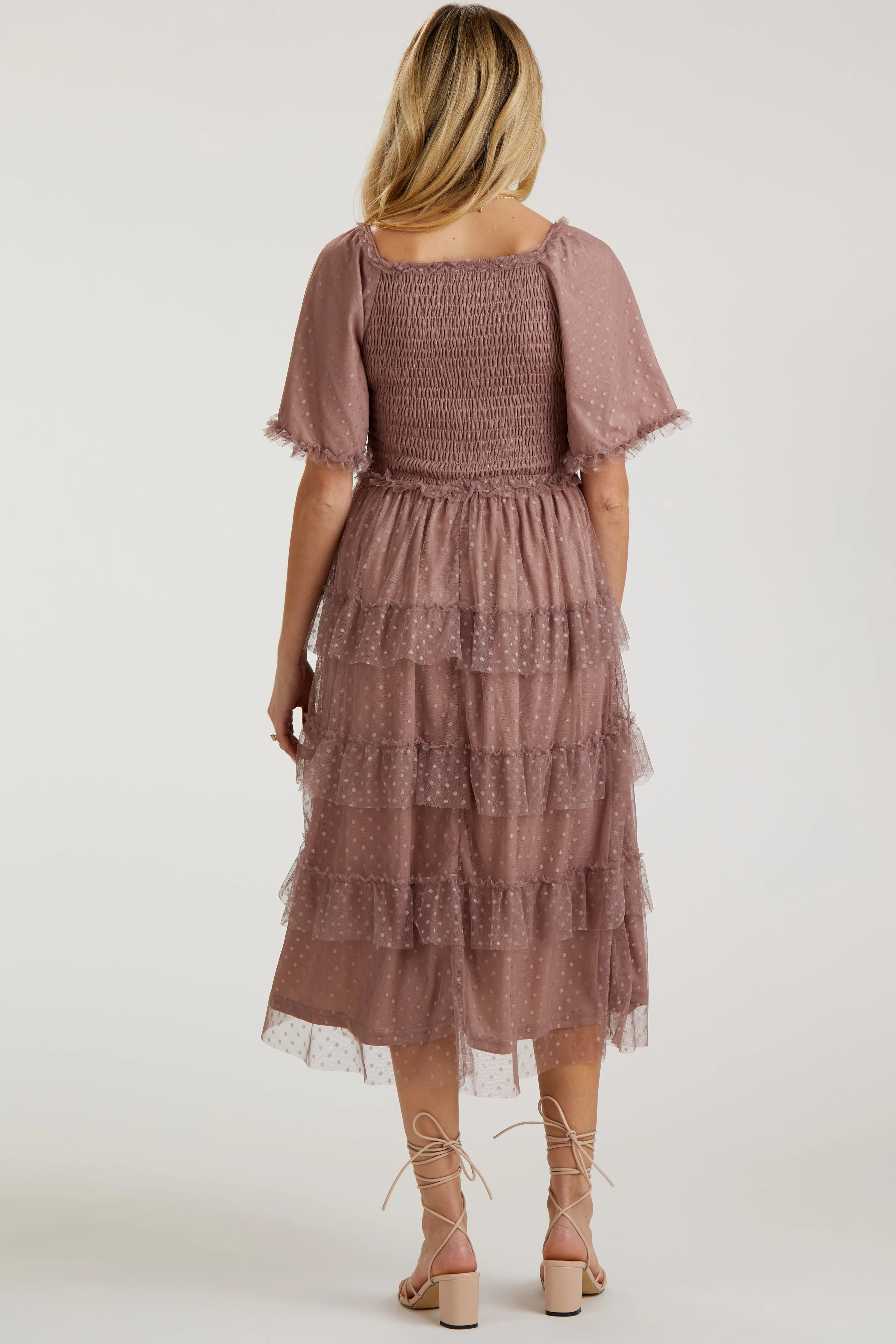 Pink Dot Smocked Ruffle Tiered Maternity Midi Dress sold by Pinkblush product image thumbnail 4