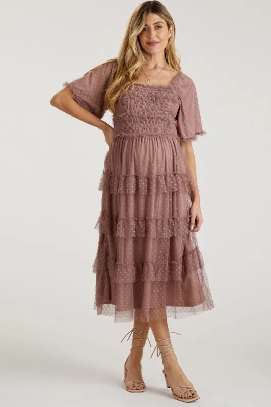 Pink Dot Smocked Ruffle Tiered Maternity Midi Dress sold by Pinkblush