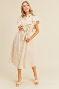 Beige Button Down Flutter Sleeve Midi Dress sold by Pinkblush
