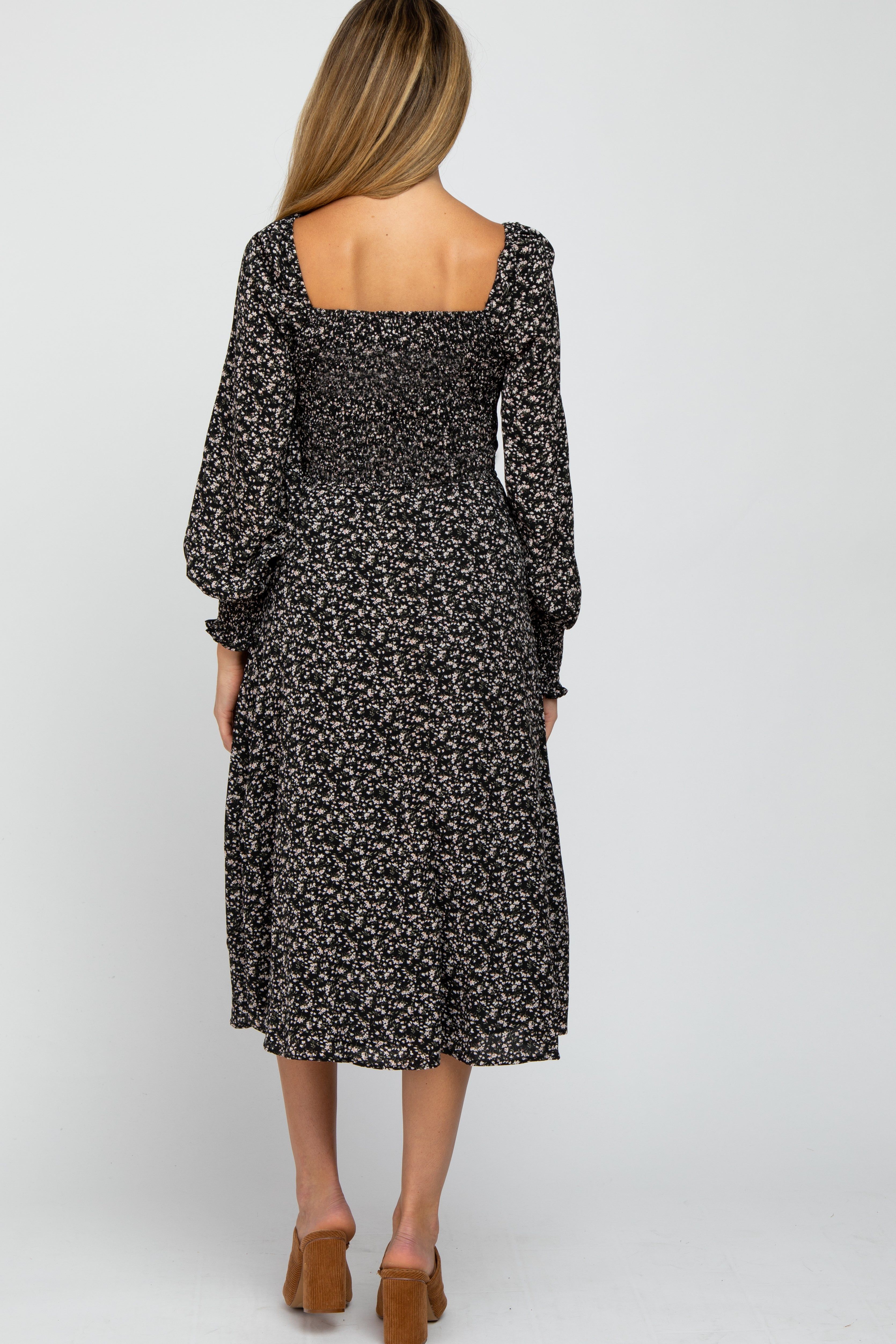 Black Floral Smocked Maternity Midi Dress sold by Pinkblush product image thumbnail 3