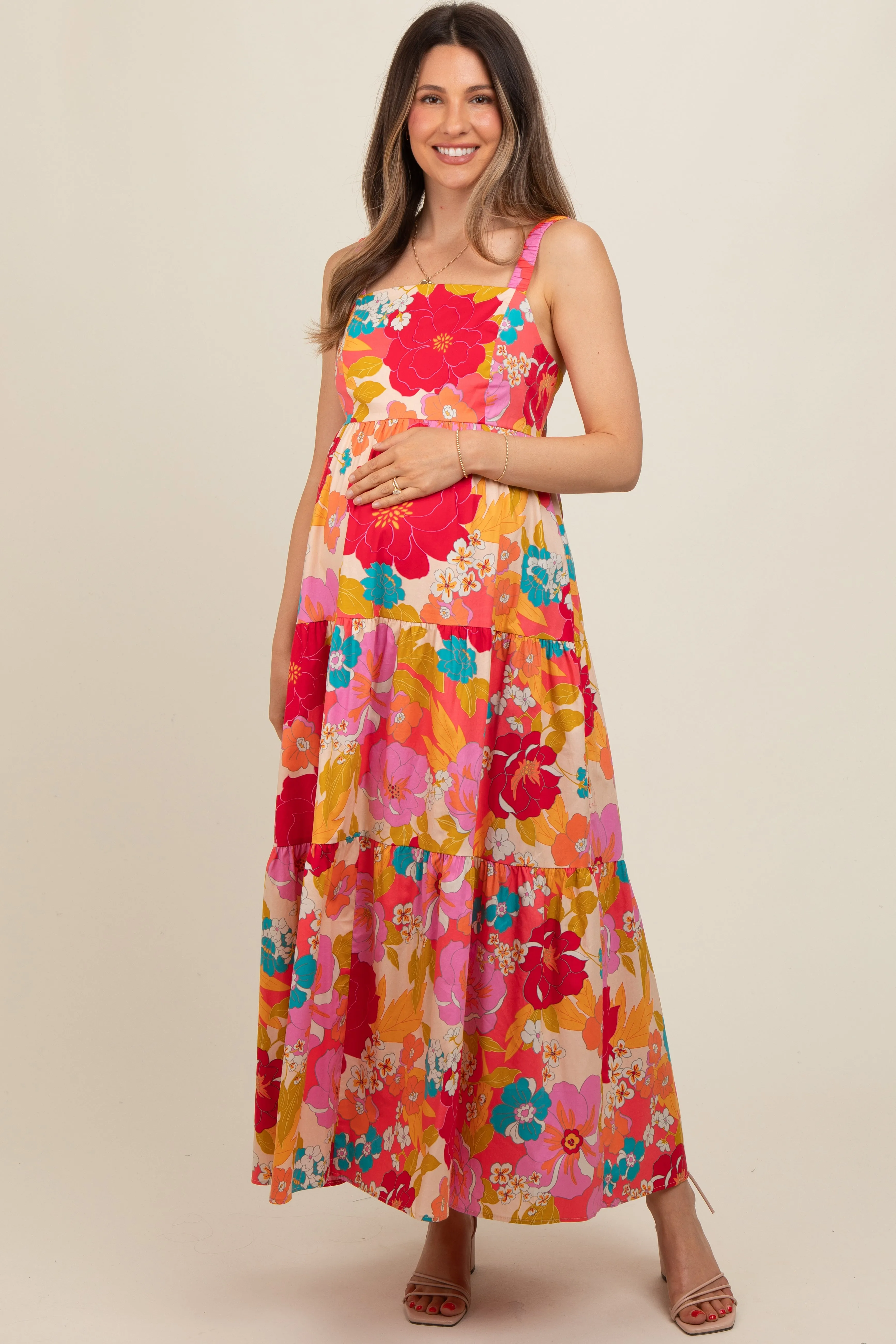 Coral Multi-Color Floral Tiered Cutout Back Maternity Dress sold by Pinkblush