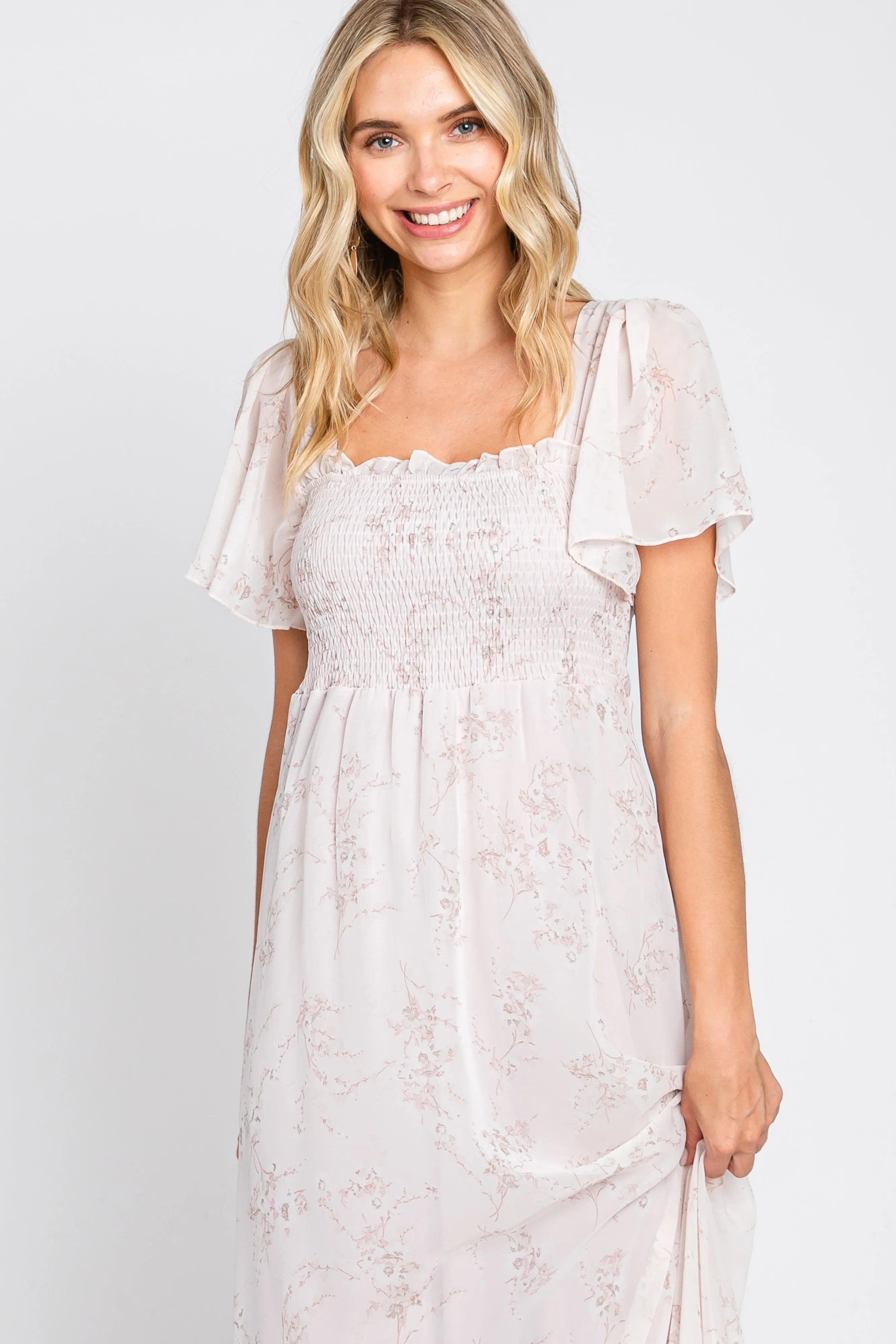 Light Pink Floral Smocked Chiffon Maxi Dress sold by Pinkblush product image thumbnail 4