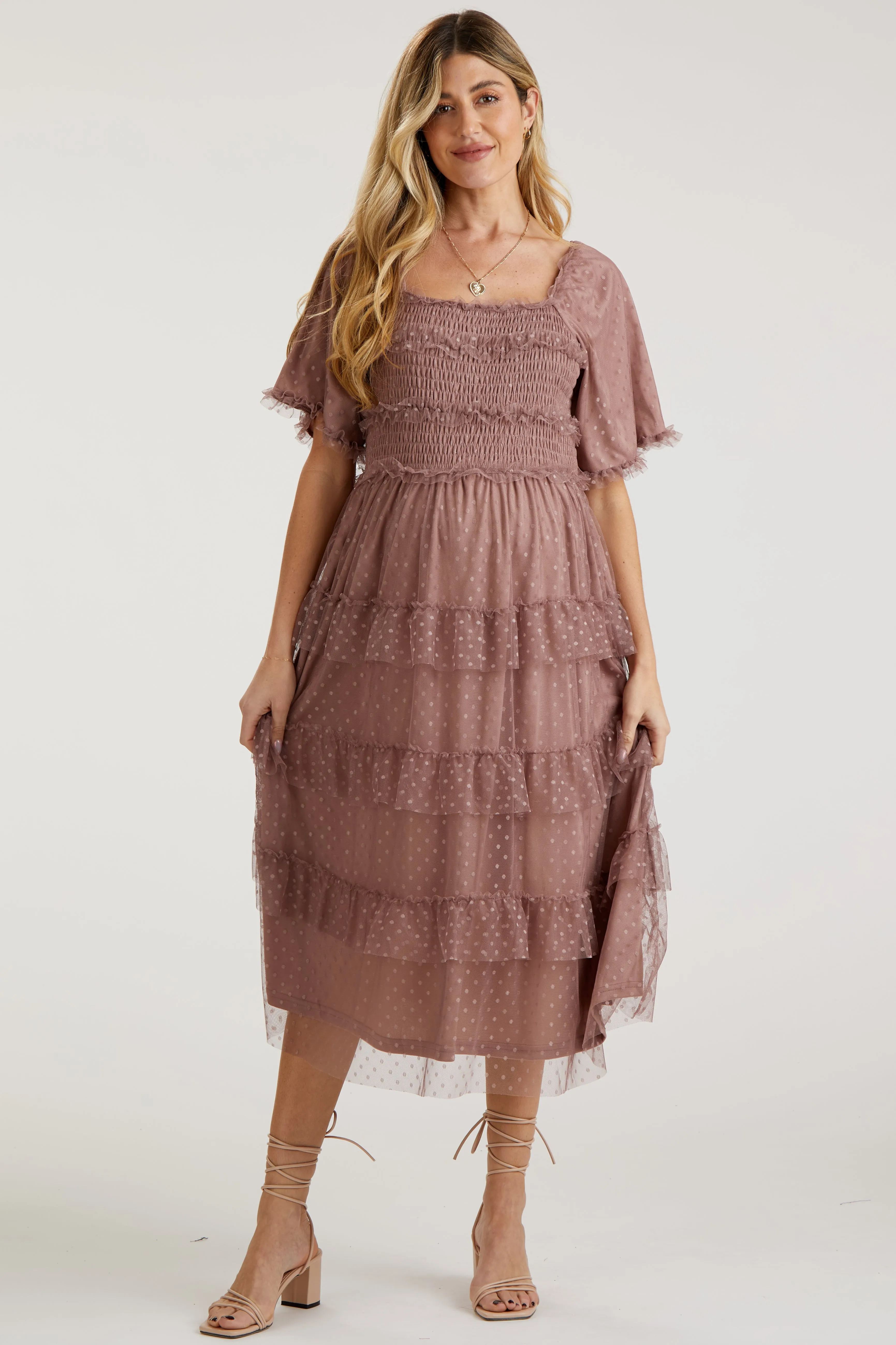 Pink Dot Smocked Ruffle Tiered Maternity Midi Dress sold by Pinkblush product image thumbnail 2