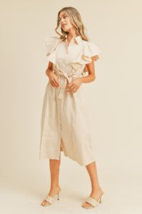 Beige Button Down Flutter Sleeve Midi Dress sold by Pinkblush