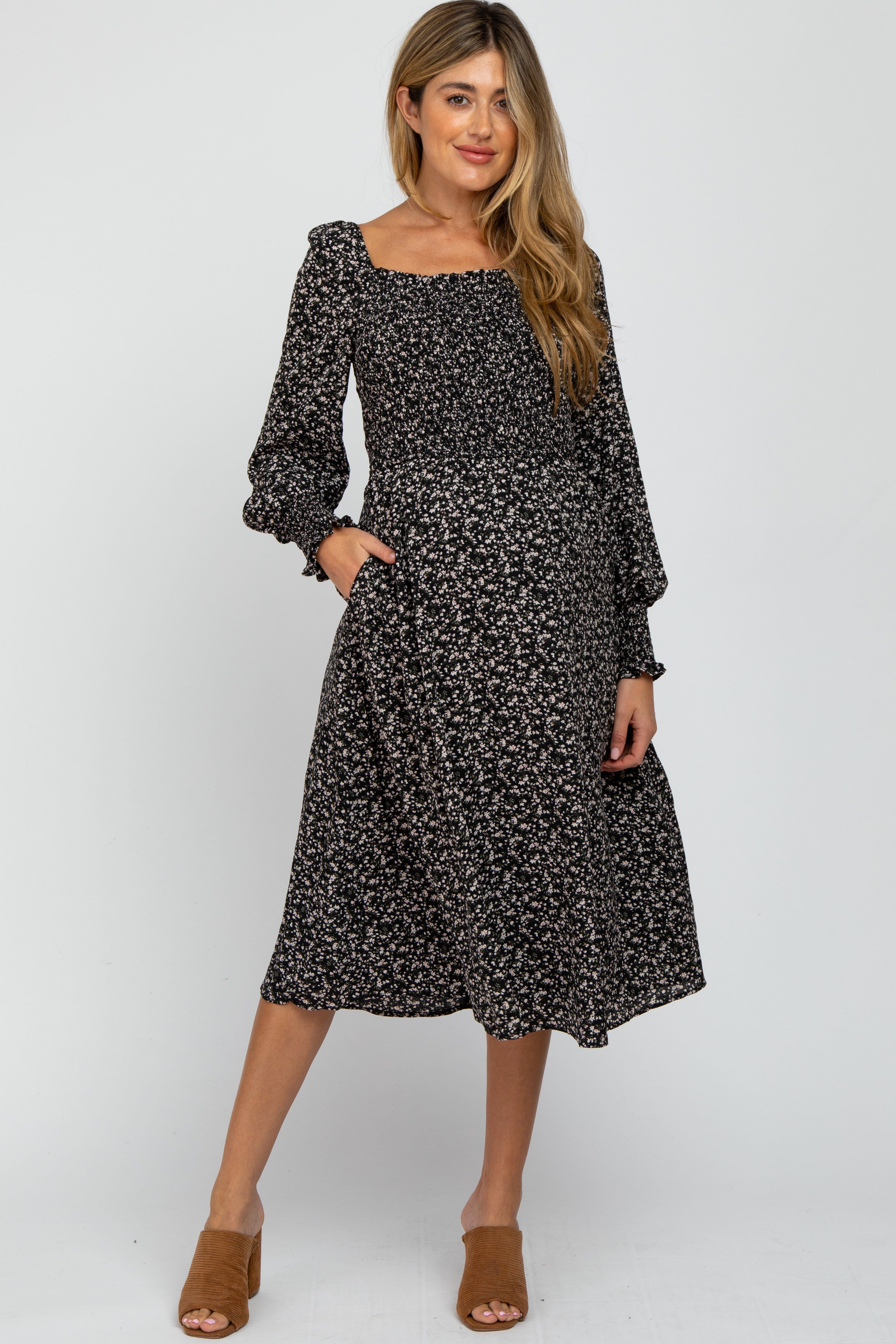 Black Floral Smocked Maternity Midi Dress sold by Pinkblush