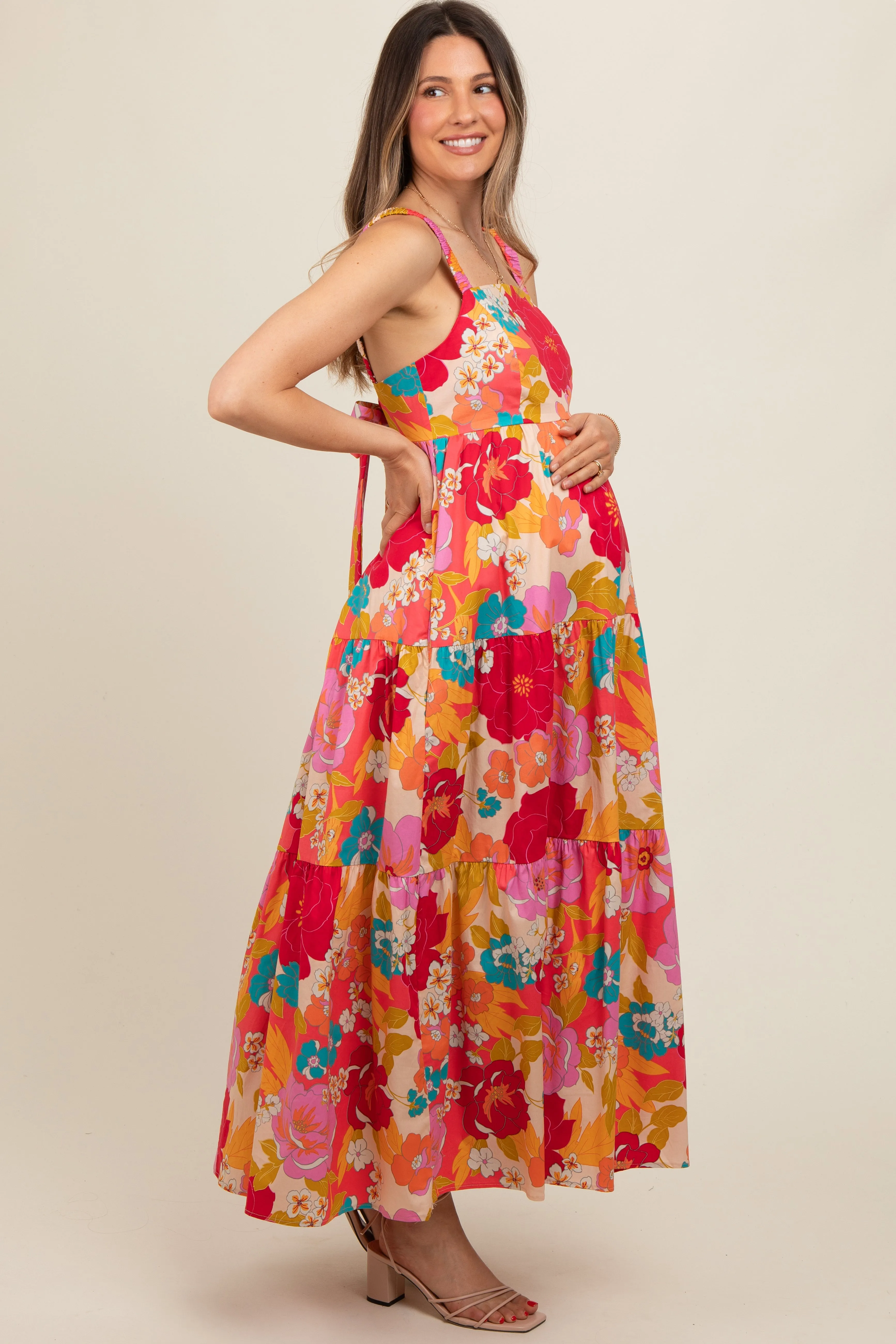 Coral Multi-Color Floral Tiered Cutout Back Maternity Dress sold by Pinkblush product image thumbnail 2