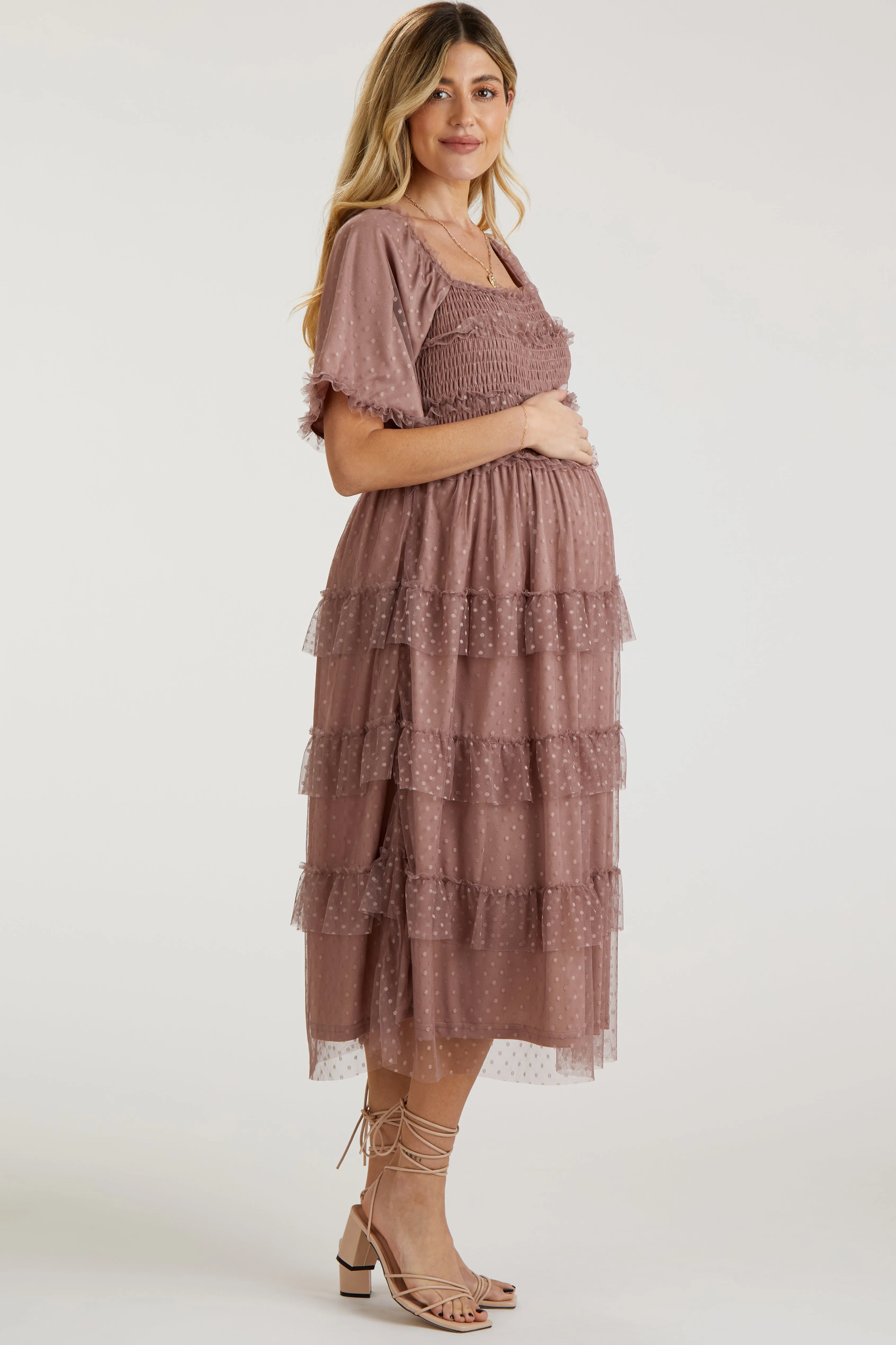 Pink Dot Smocked Ruffle Tiered Maternity Midi Dress sold by Pinkblush product image thumbnail 3