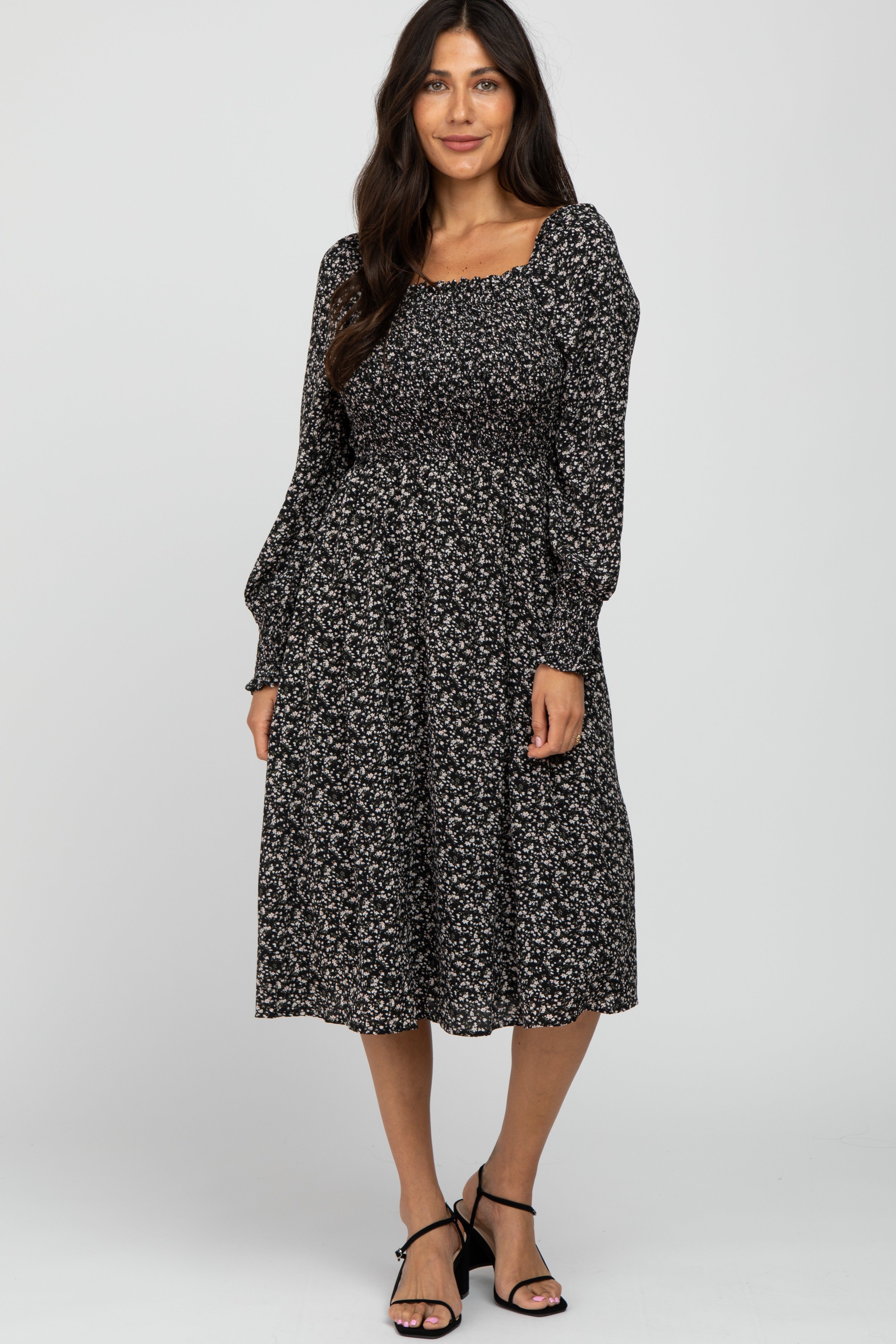 Black Floral Smocked Maternity Midi Dress sold by Pinkblush product image thumbnail 5