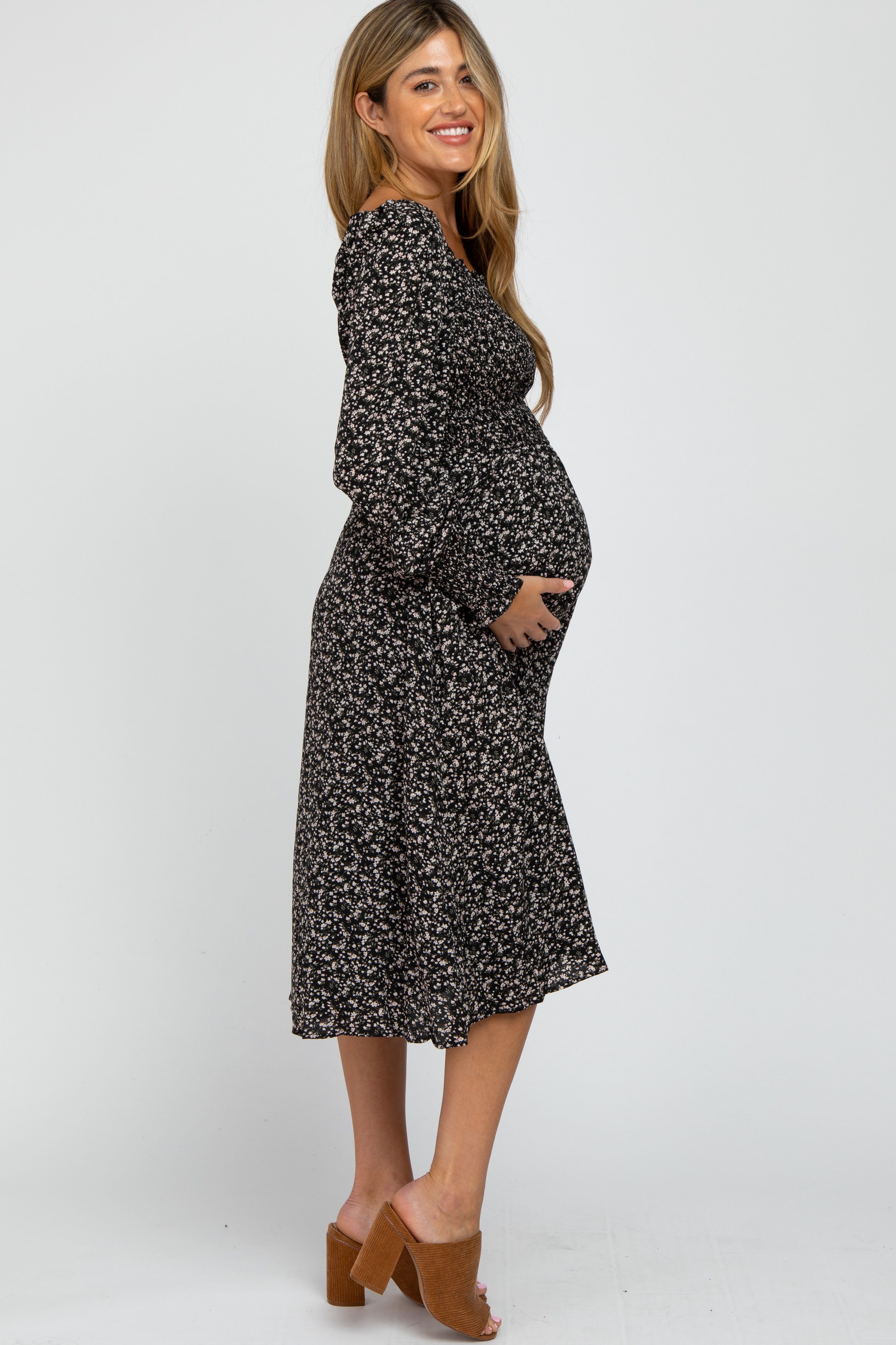 Black Floral Smocked Maternity Midi Dress sold by Pinkblush product image thumbnail 2