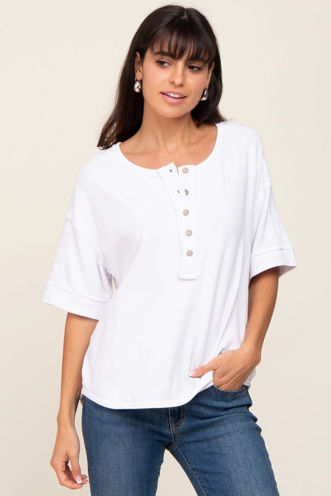 White Oversized Henley Top sold by Pinkblush
