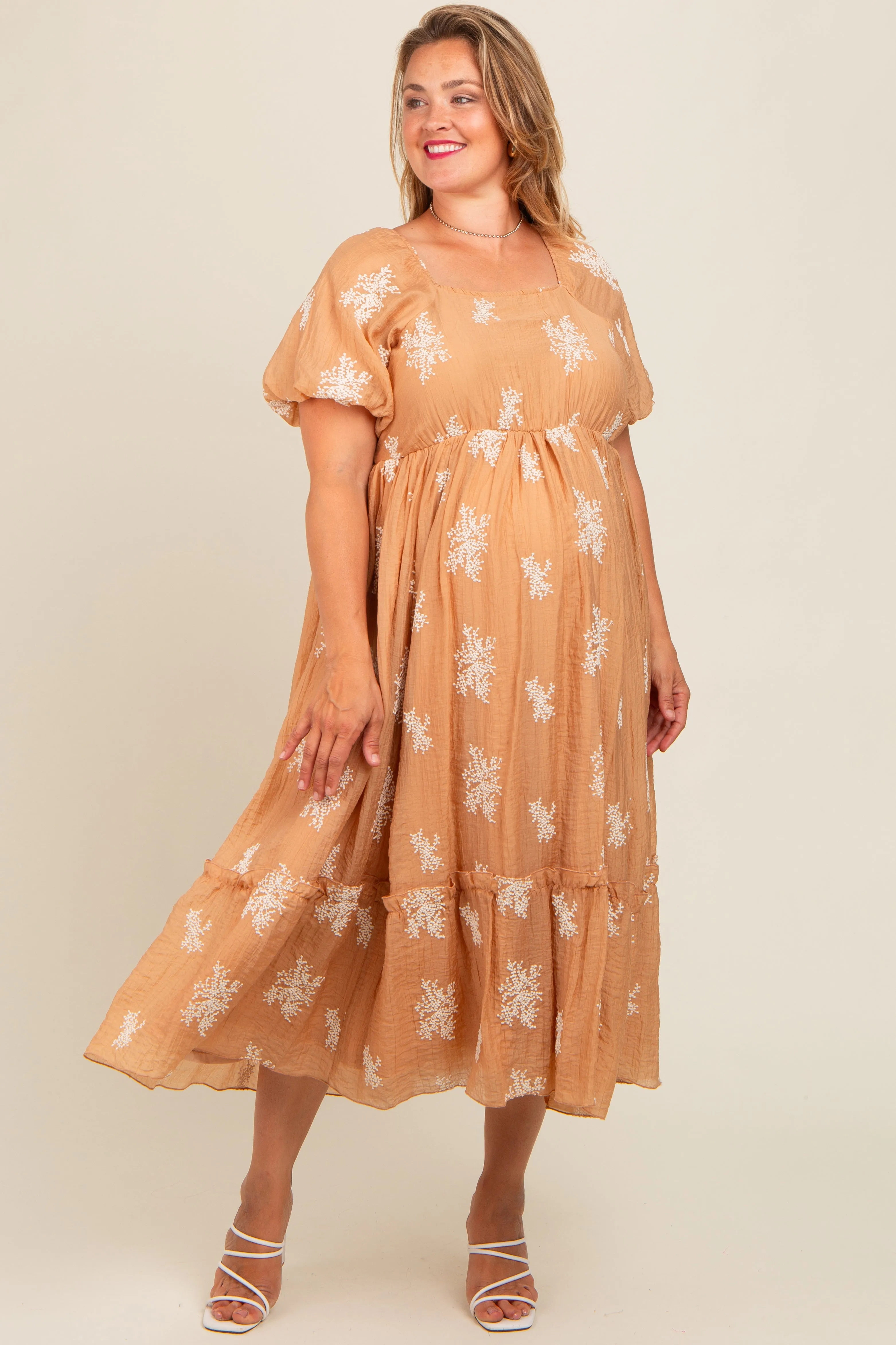 Camel Floral Print Ruffle Hem Maternity Plus Midi Dress sold by Pinkblush