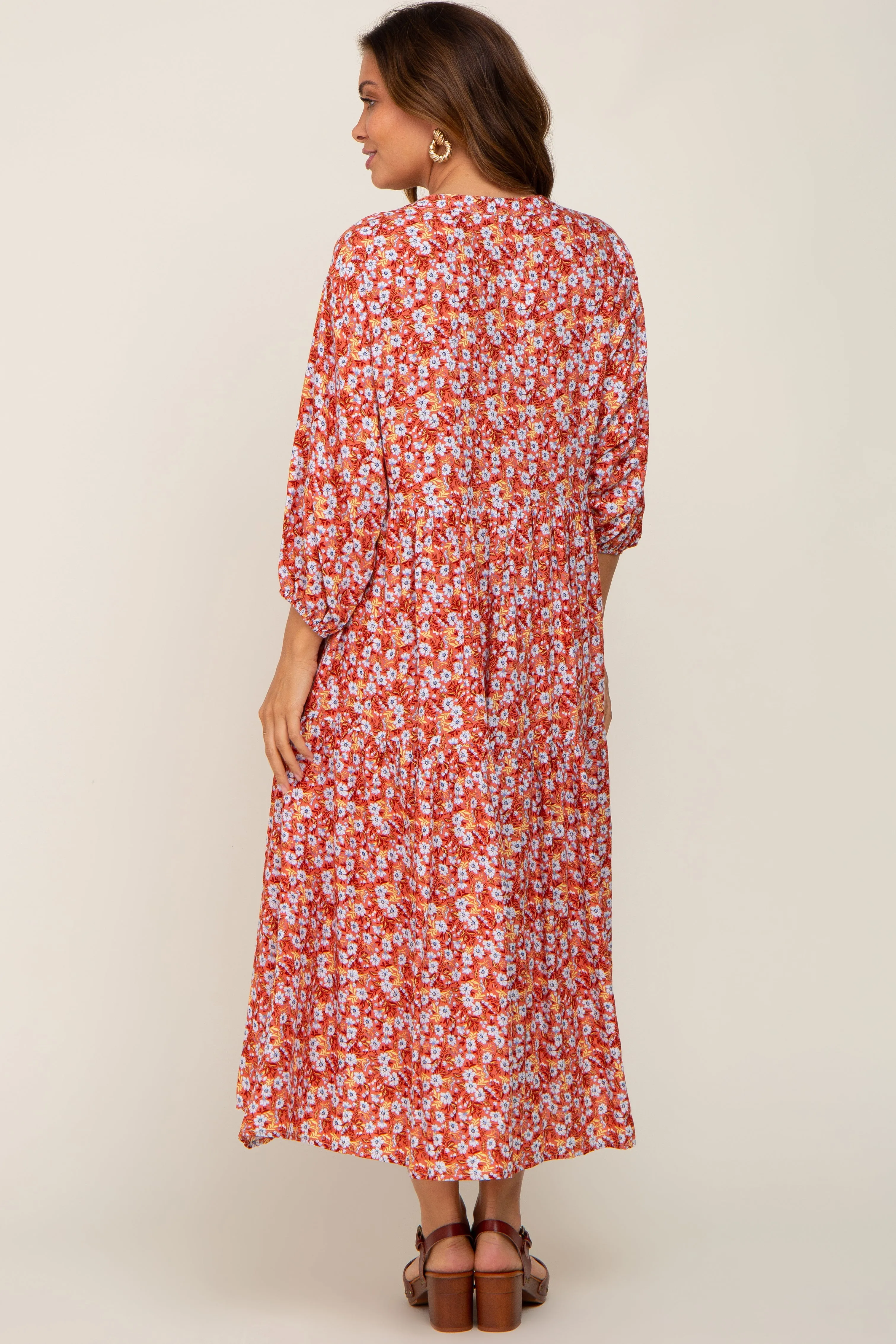 Coral Floral V-Neck Tiered Maternity Midi Dress sold by Pinkblush product image thumbnail 4