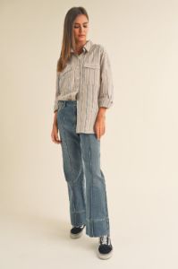 Taupe Striped Button Up Maternity Top sold by Pinkblush