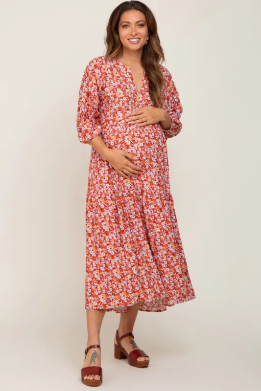 Coral Floral V-Neck Tiered Maternity Midi Dress sold by Pinkblush