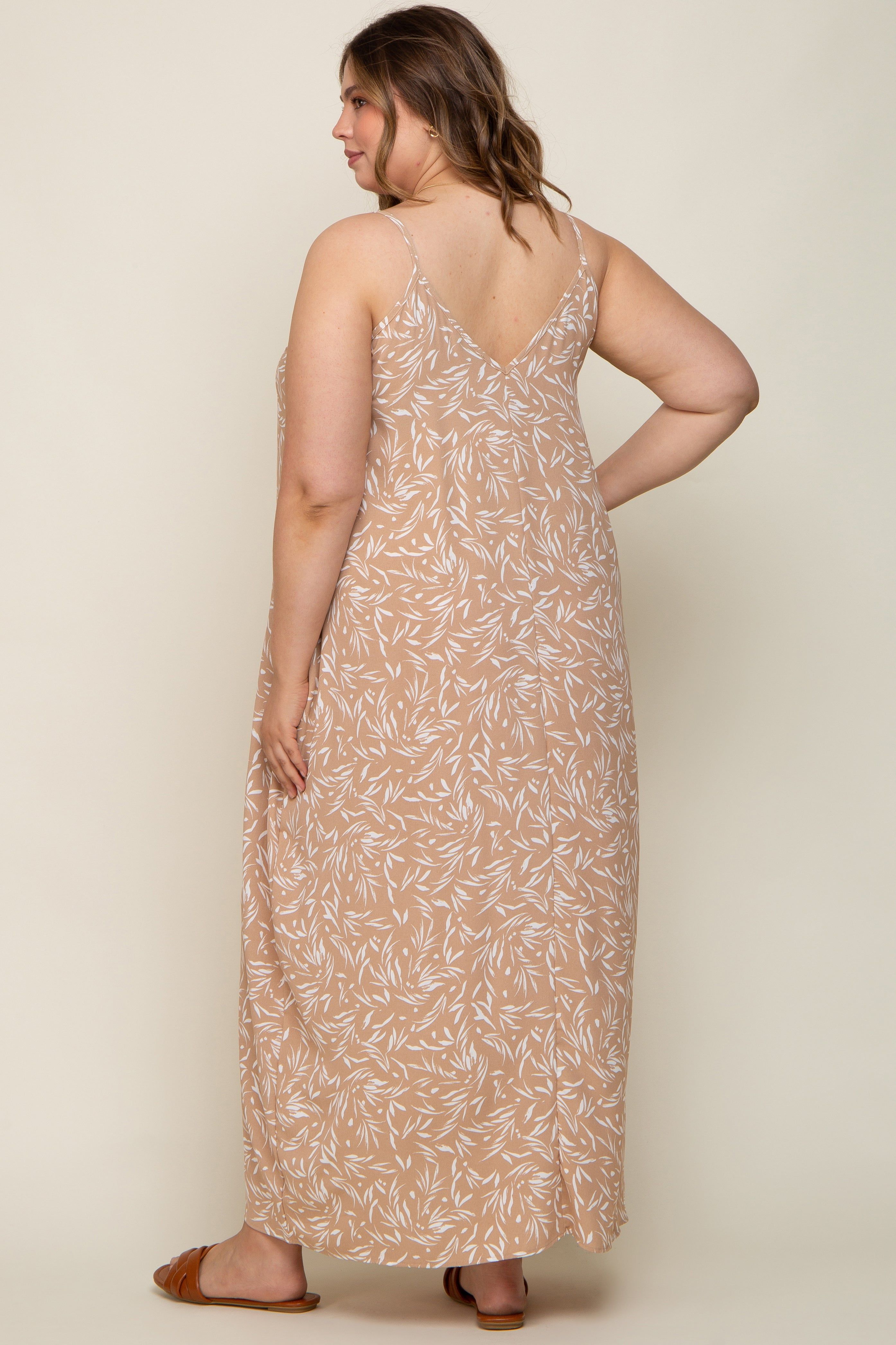 Taupe Leaf Print Double V-Neck Maternity Plus Maxi Dress sold by Pinkblush product image thumbnail 4