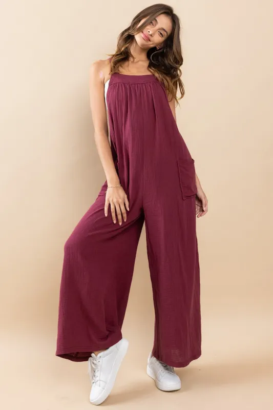 Burgundy Wide Leg Tie Back Overalls sold by Pinkblush
