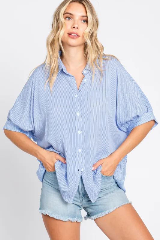 Blue Striped Button Front Collared Short Sleeve Top sold by Pinkblush