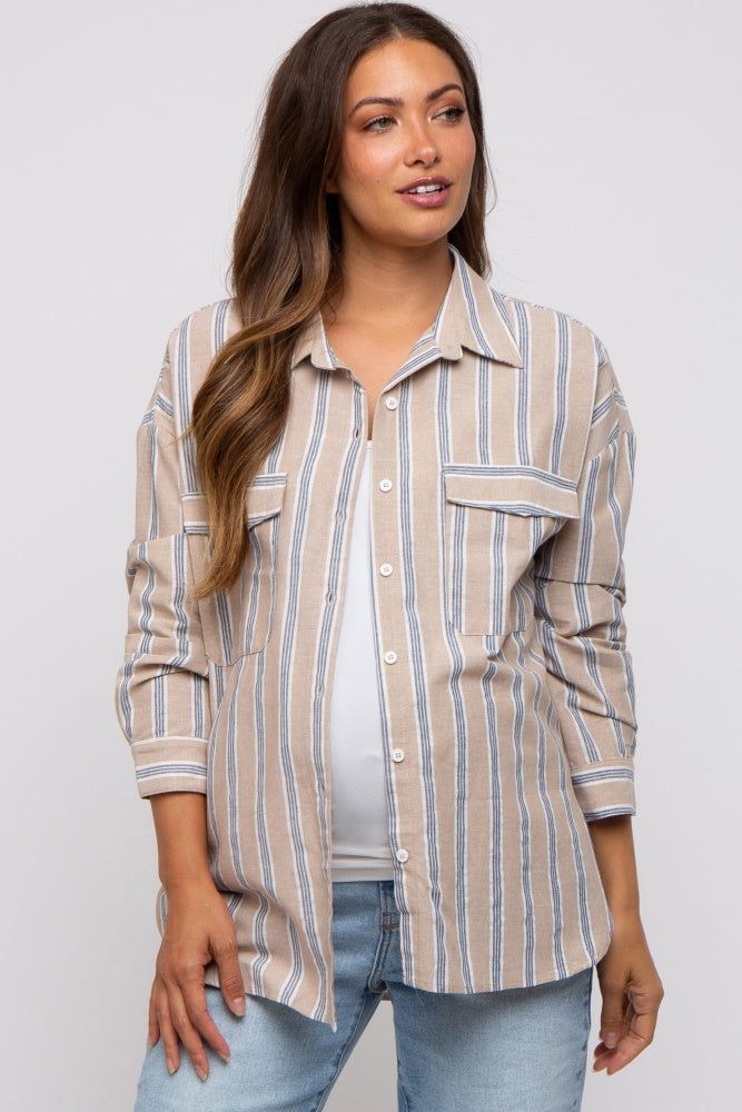 Taupe Striped Button Up Maternity Top sold by Pinkblush