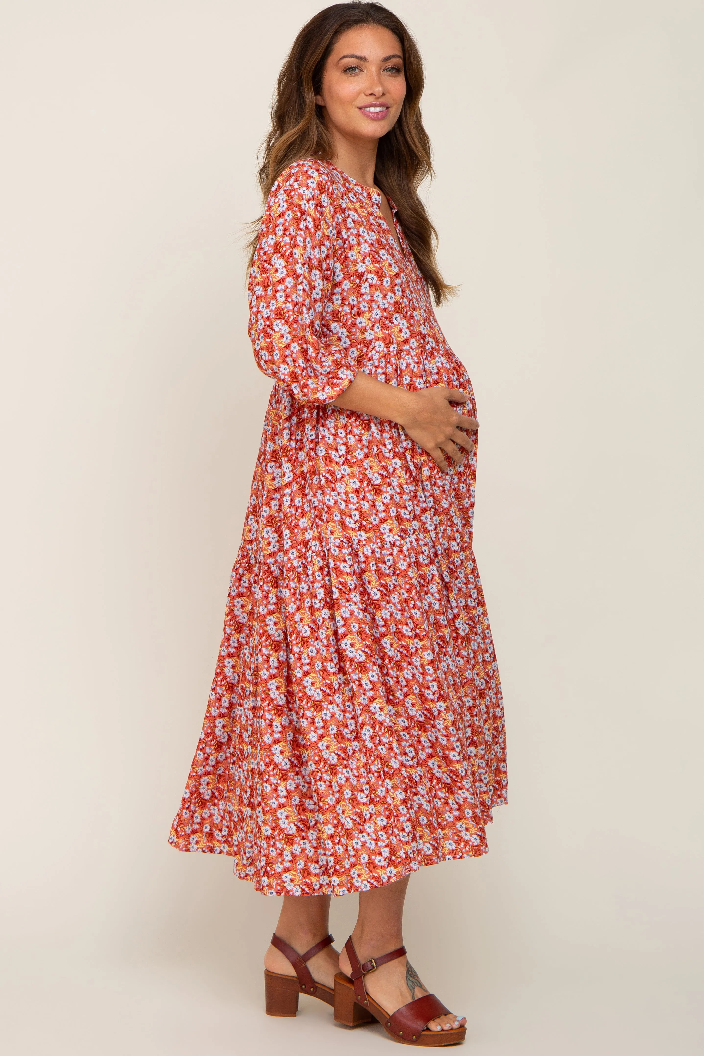 Coral Floral V-Neck Tiered Maternity Midi Dress sold by Pinkblush product image thumbnail 3